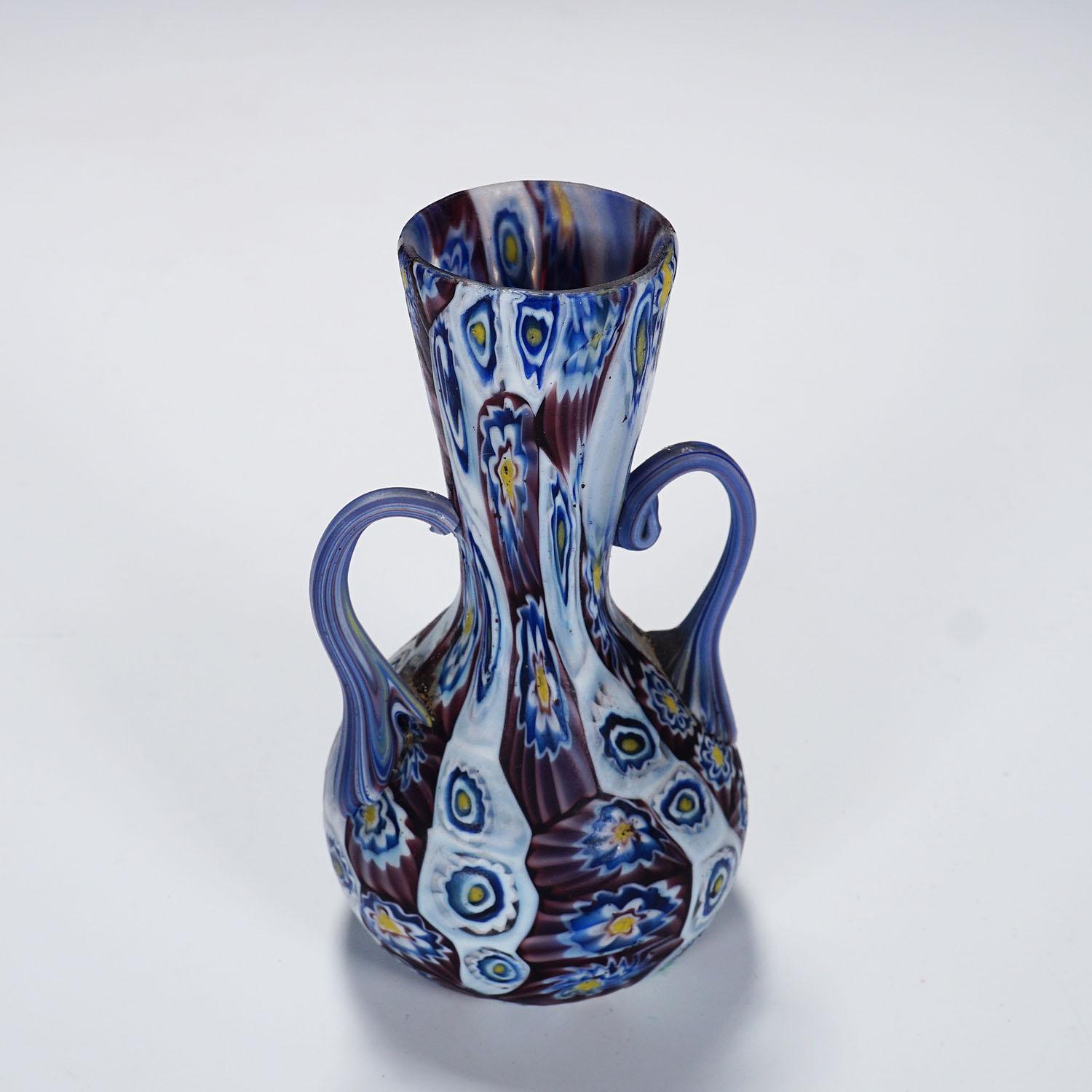 20th Century Antique Millefiori Vase with Handles, Fratelli Toso Murano