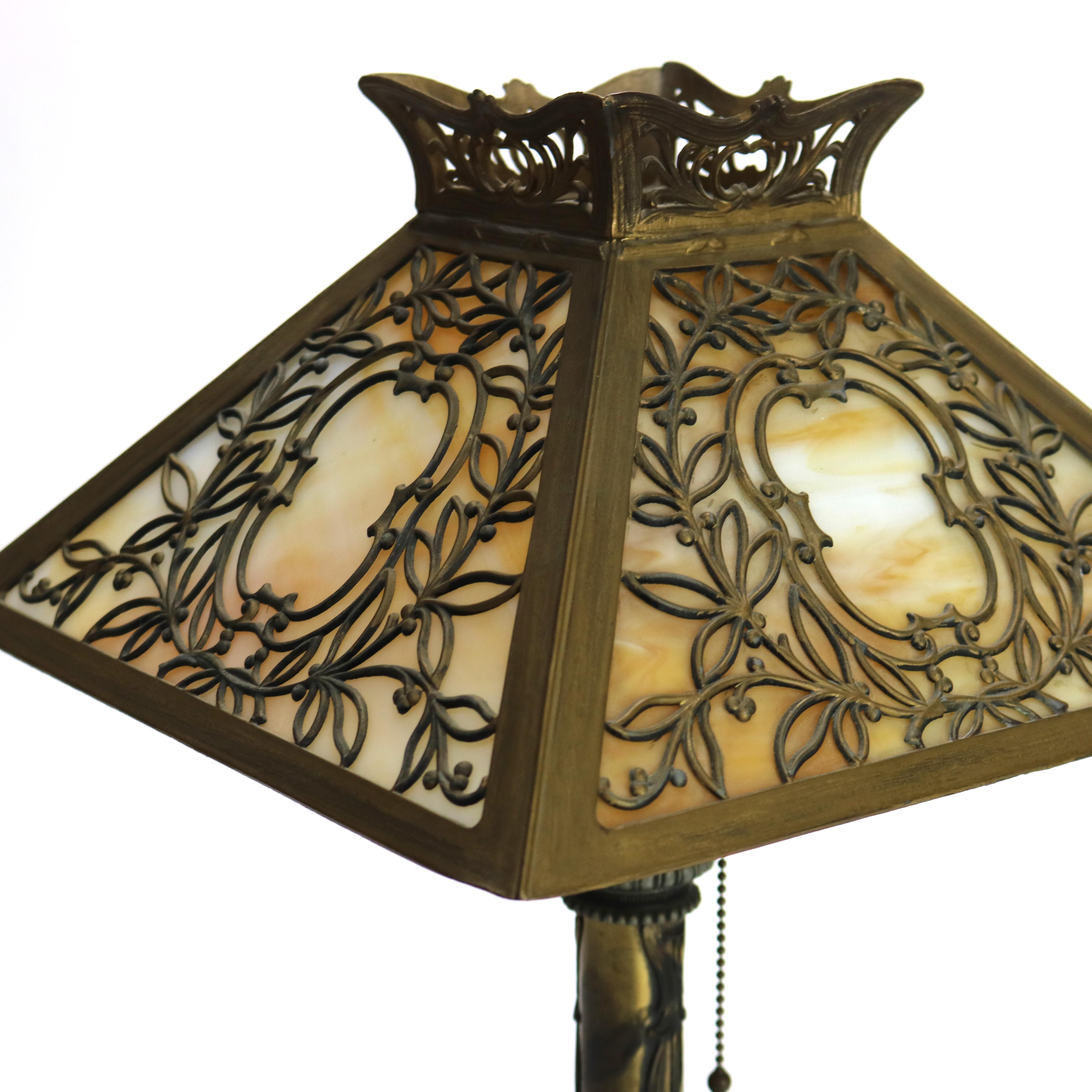 Antique Miller Arts & Crafts Mission Four Panel Slag Glass Table Lamp with Foliage Pattern Signed C1920

Measures - 20