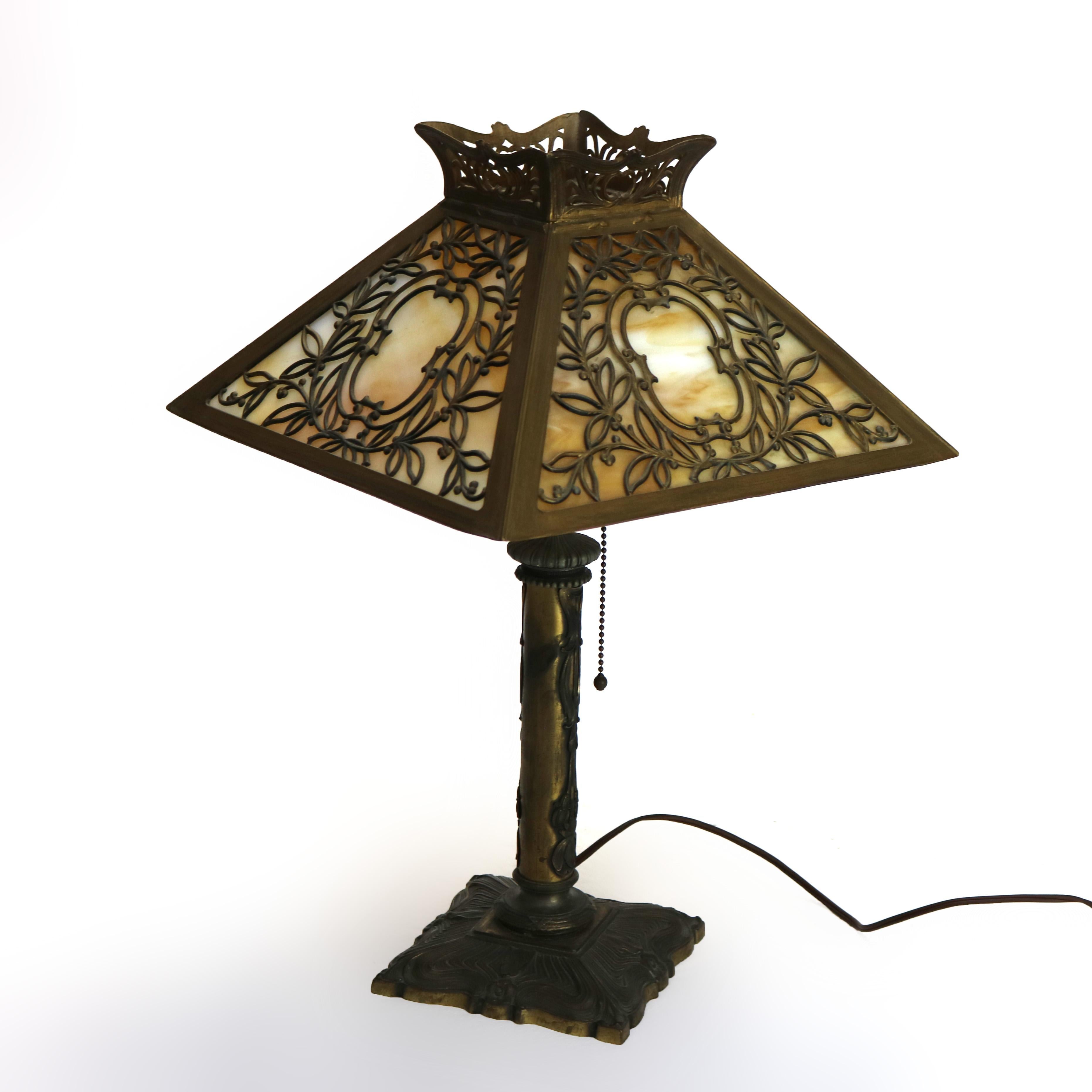 Antique Miller Arts & Crafts Mission Four Panel Slag Glass Table Lamp C1920 In Good Condition In Big Flats, NY