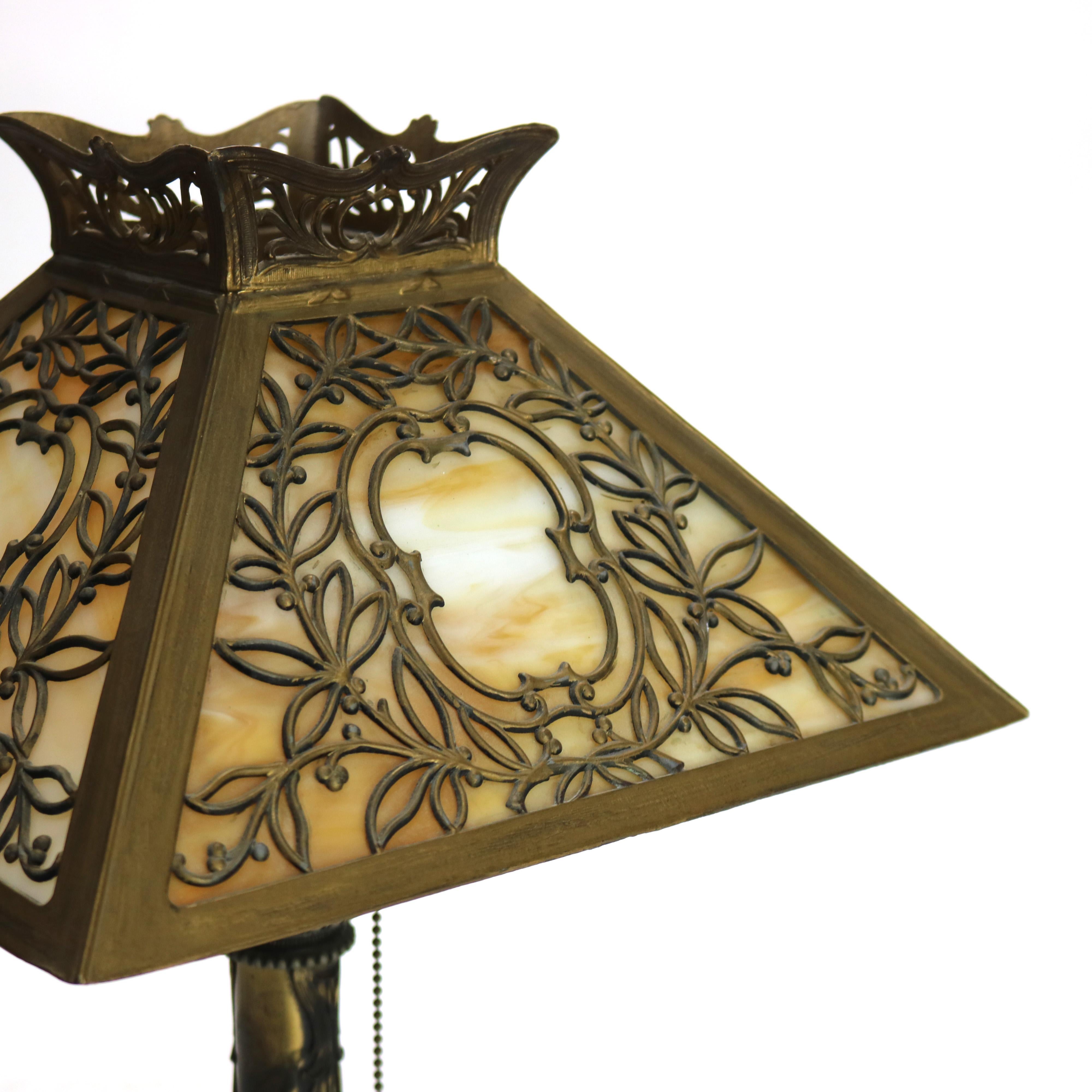 Antique Miller Arts & Crafts Mission Four Panel Slag Glass Table Lamp C1920 1