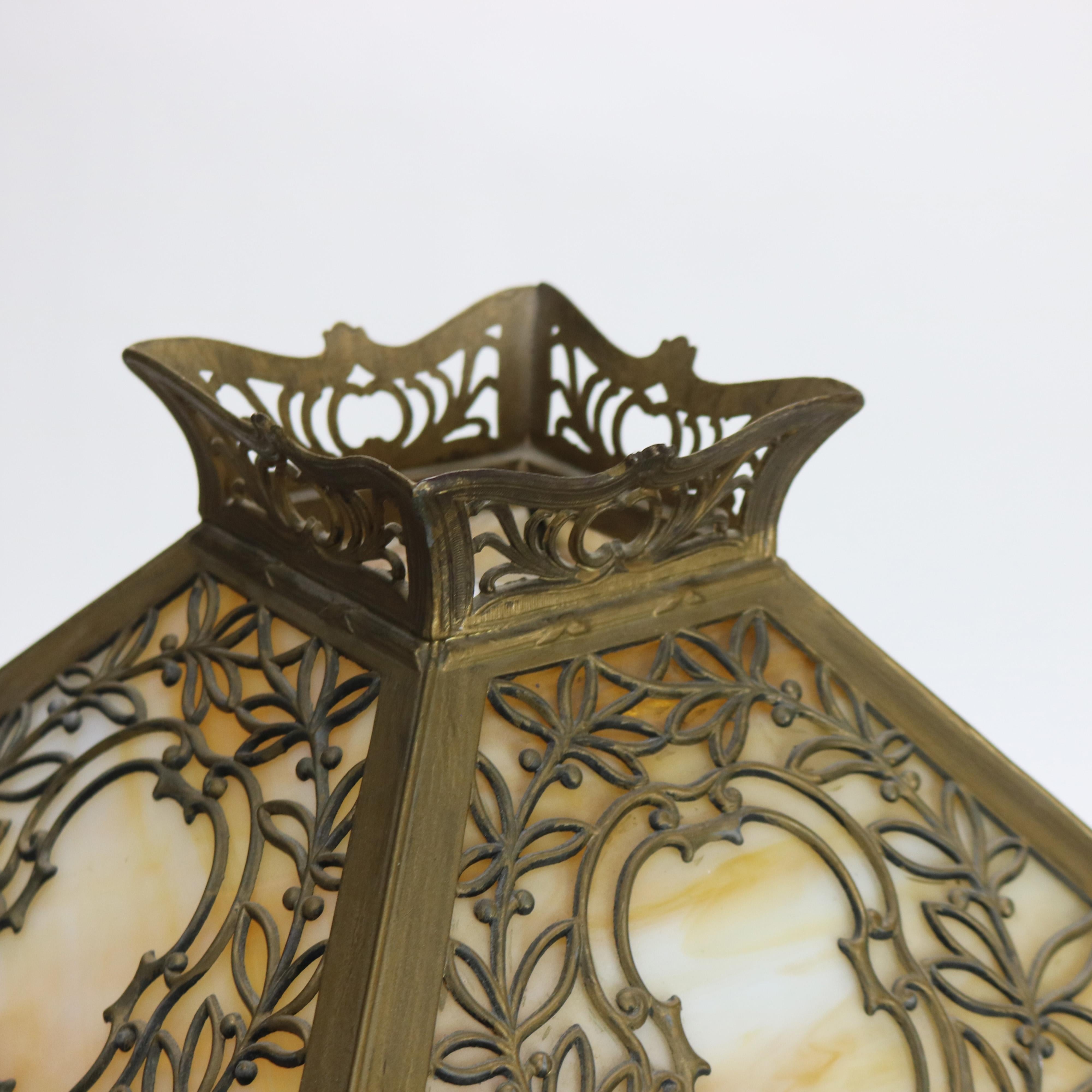 Antique Miller Arts & Crafts Mission Four Panel Slag Glass Table Lamp C1920 2