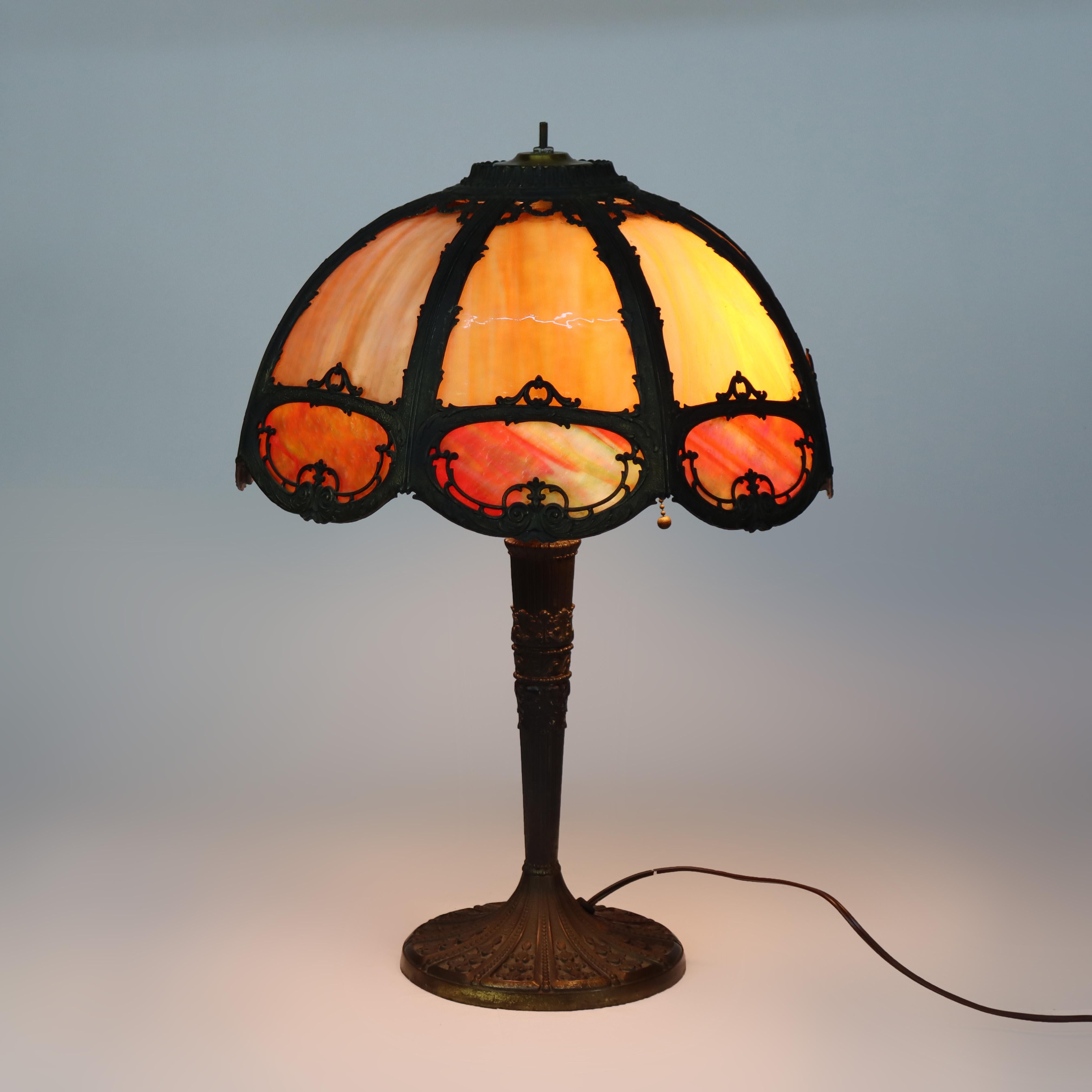 Antique Miller School Arts & Crafts Two Tone Slag Glass Table Lamp C1920 im Angebot 3