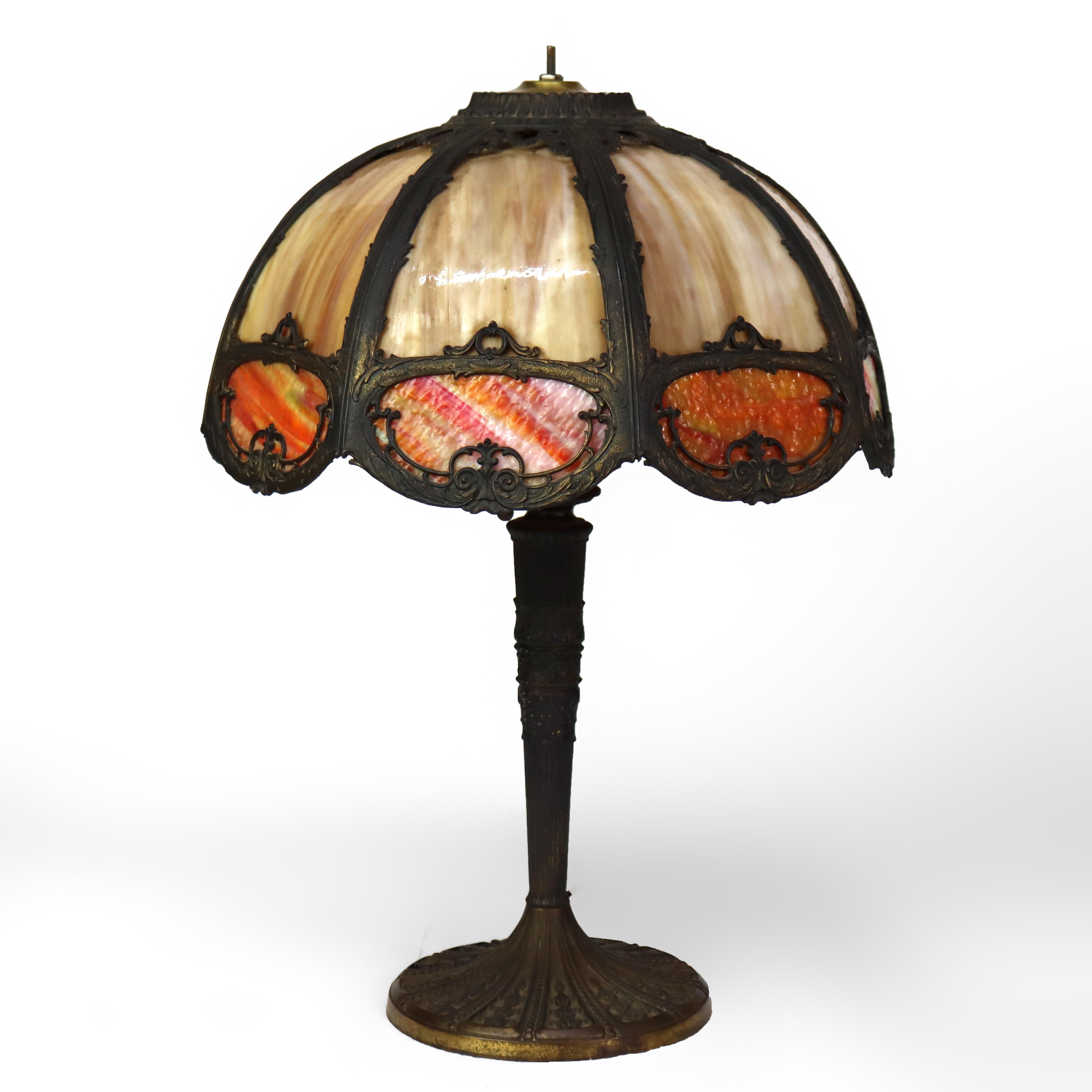Antique Miller School Arts & Crafts Two Tone Slag Glass Table Lamp C1920 im Angebot