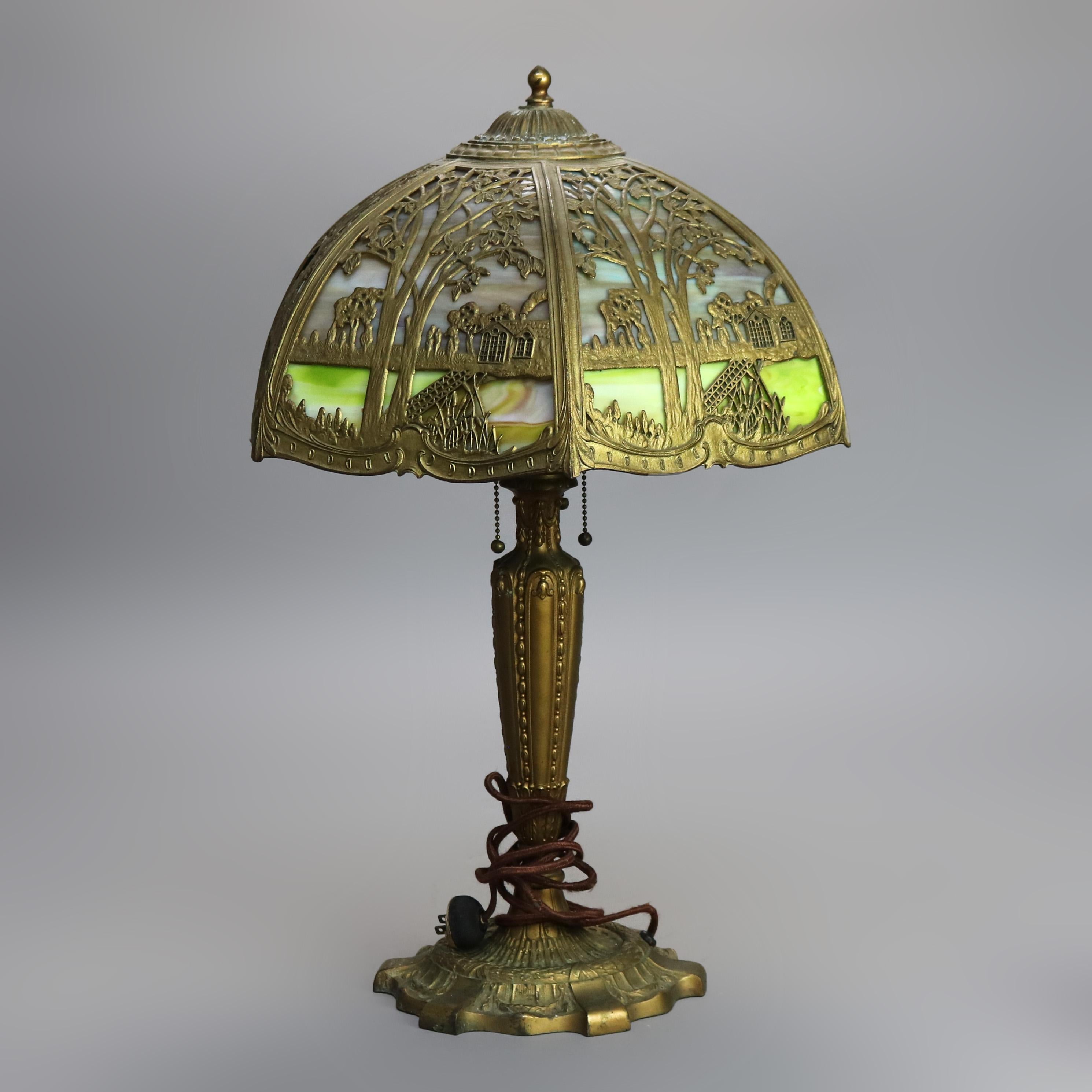 Antique Miller School Bronze & Two-Tone Slag Glass Scenic Table Lamp C1920 6