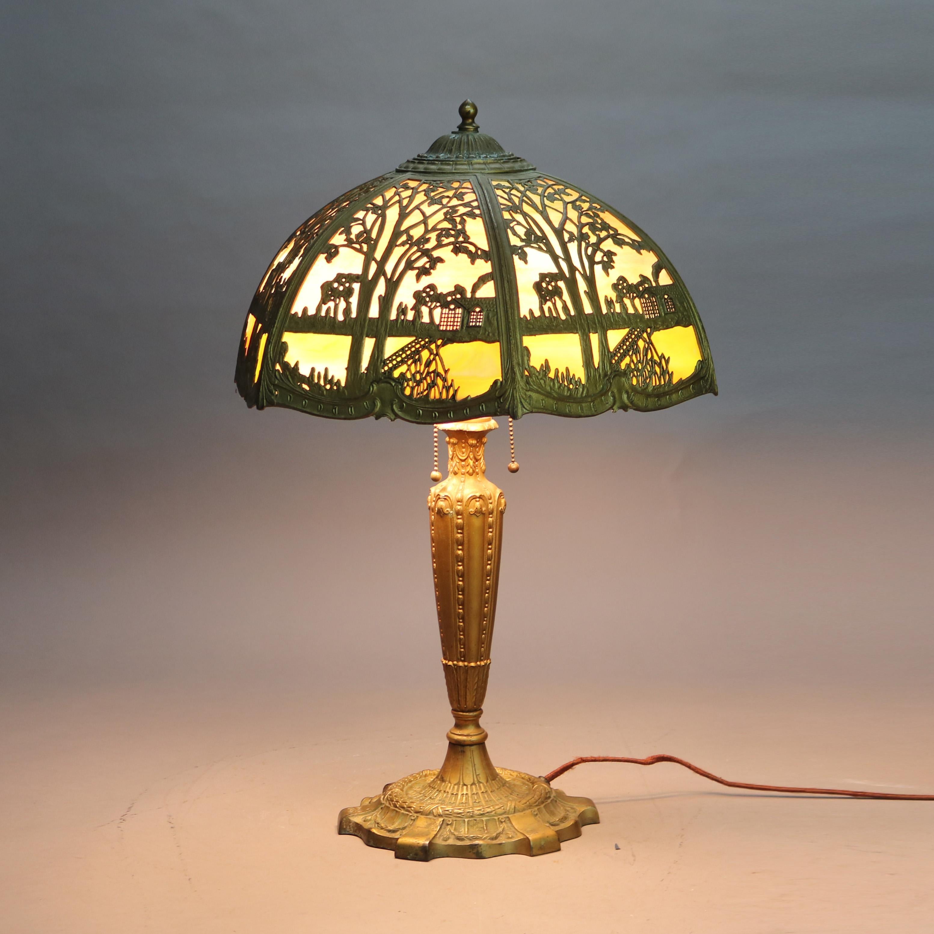 Antique Arts & Crafts Miller School Bronze & Two-Tone Slag Glass Scenic Table Lamp C1920

Measures - 23.5
