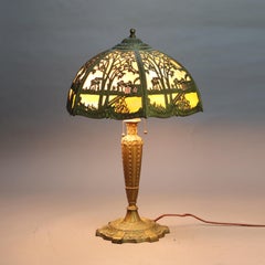 Antique Miller School Bronze & Two-Tone Slag Glass Scenic Table Lamp C1920