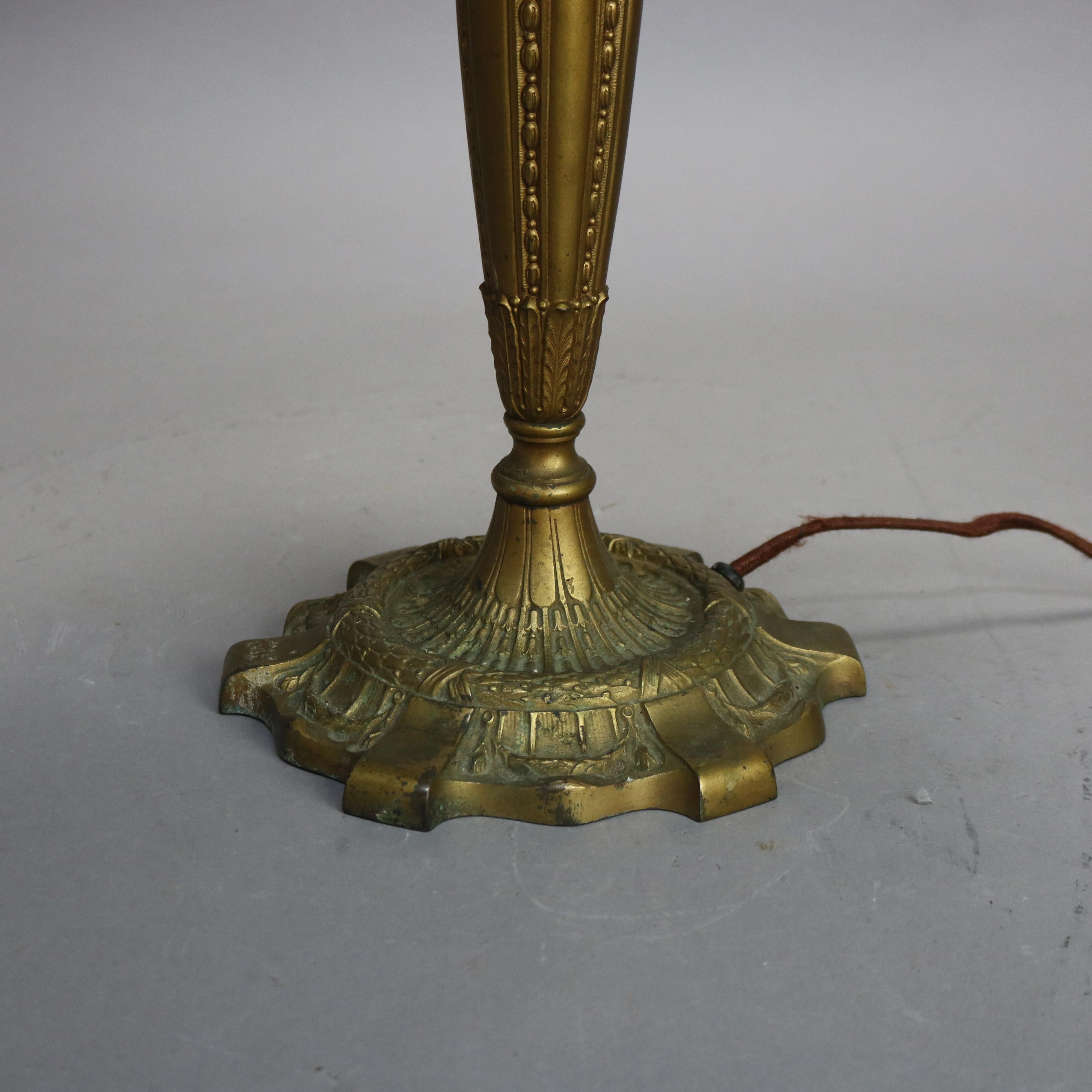 Arts and Crafts Antique Miller School Bronze & Two-Tone Slag Glass Scenic Table Lamp C1920