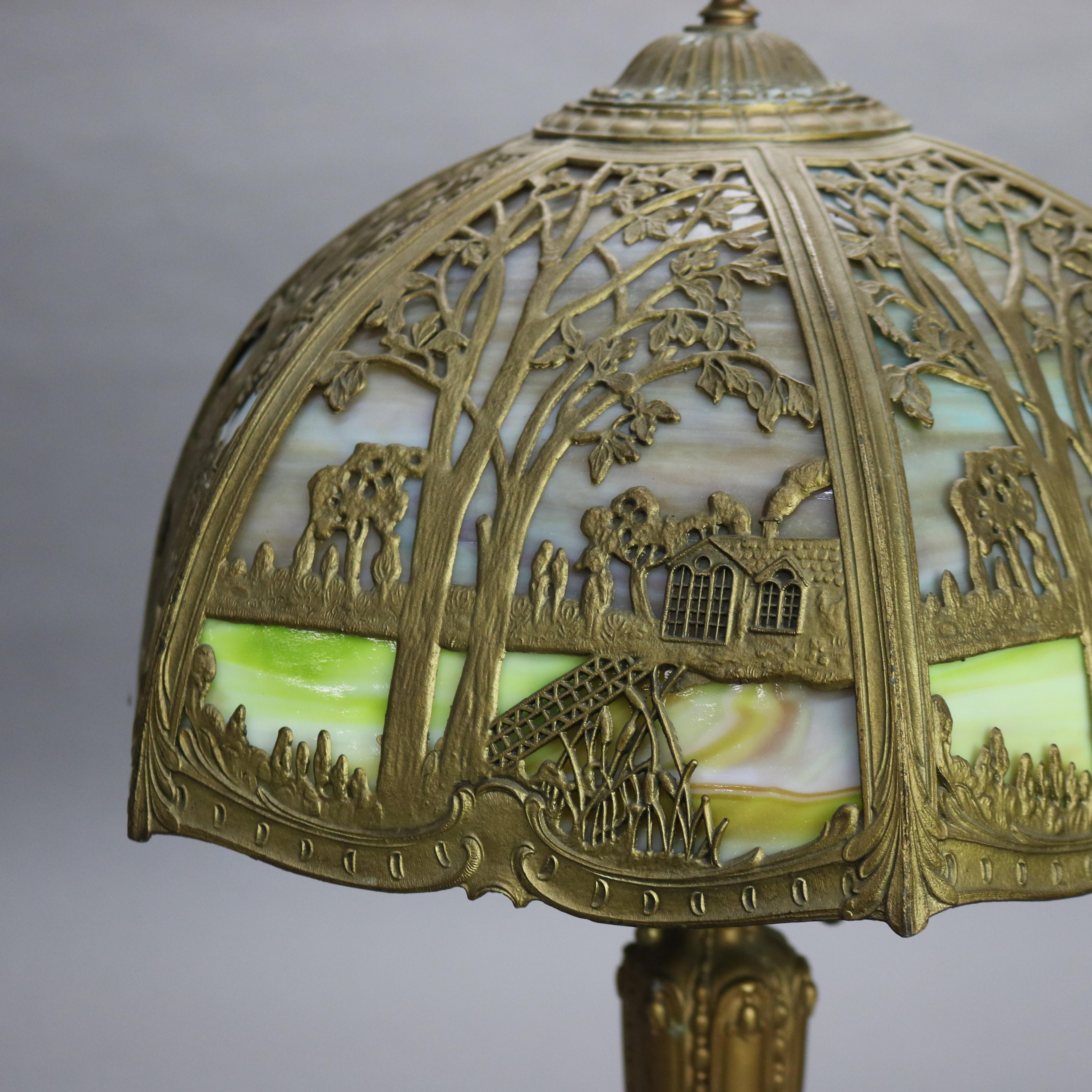 American Antique Miller School Bronze & Two-Tone Slag Glass Scenic Table Lamp C1920