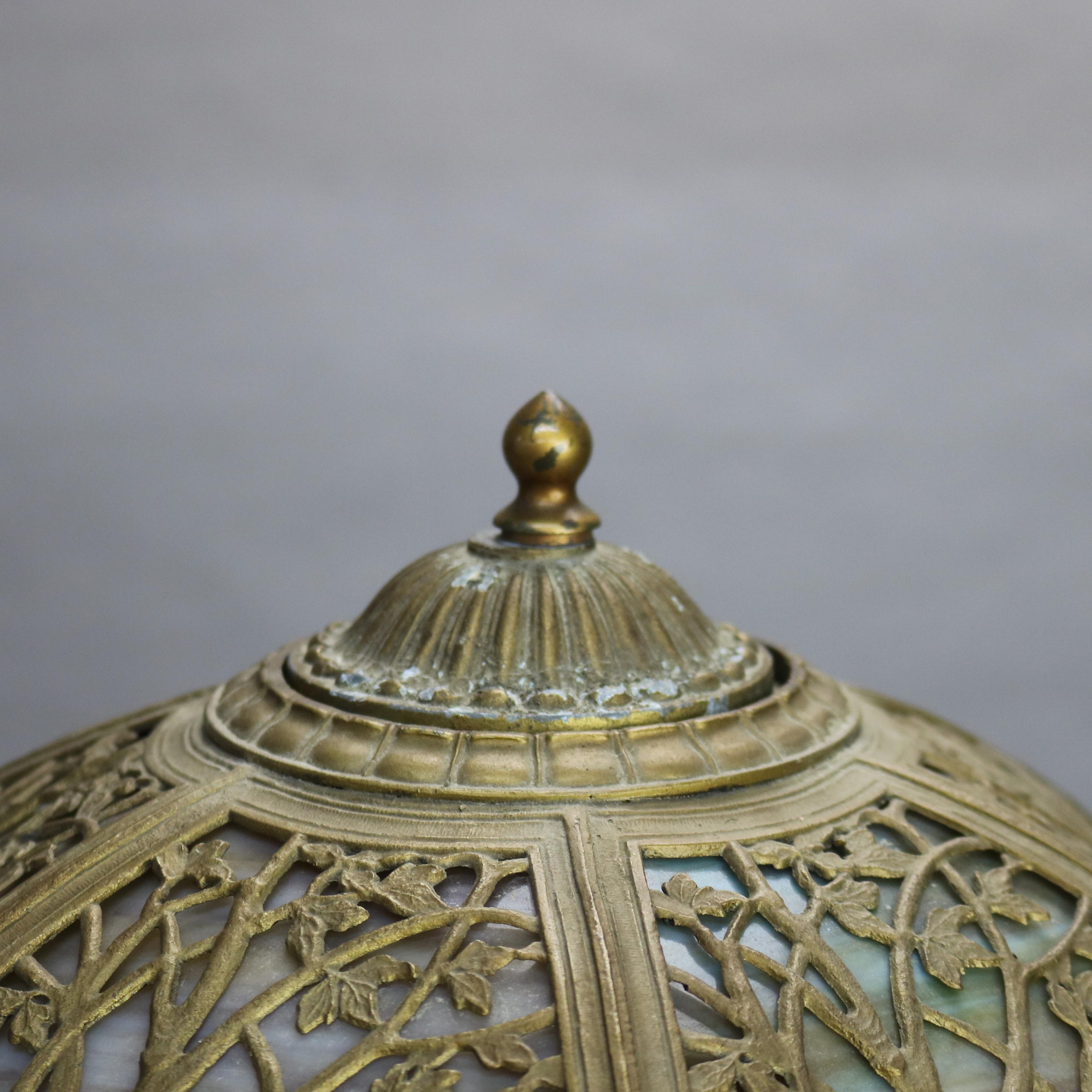 Antique Miller School Bronze & Two-Tone Slag Glass Scenic Table Lamp C1920 In Good Condition In Big Flats, NY