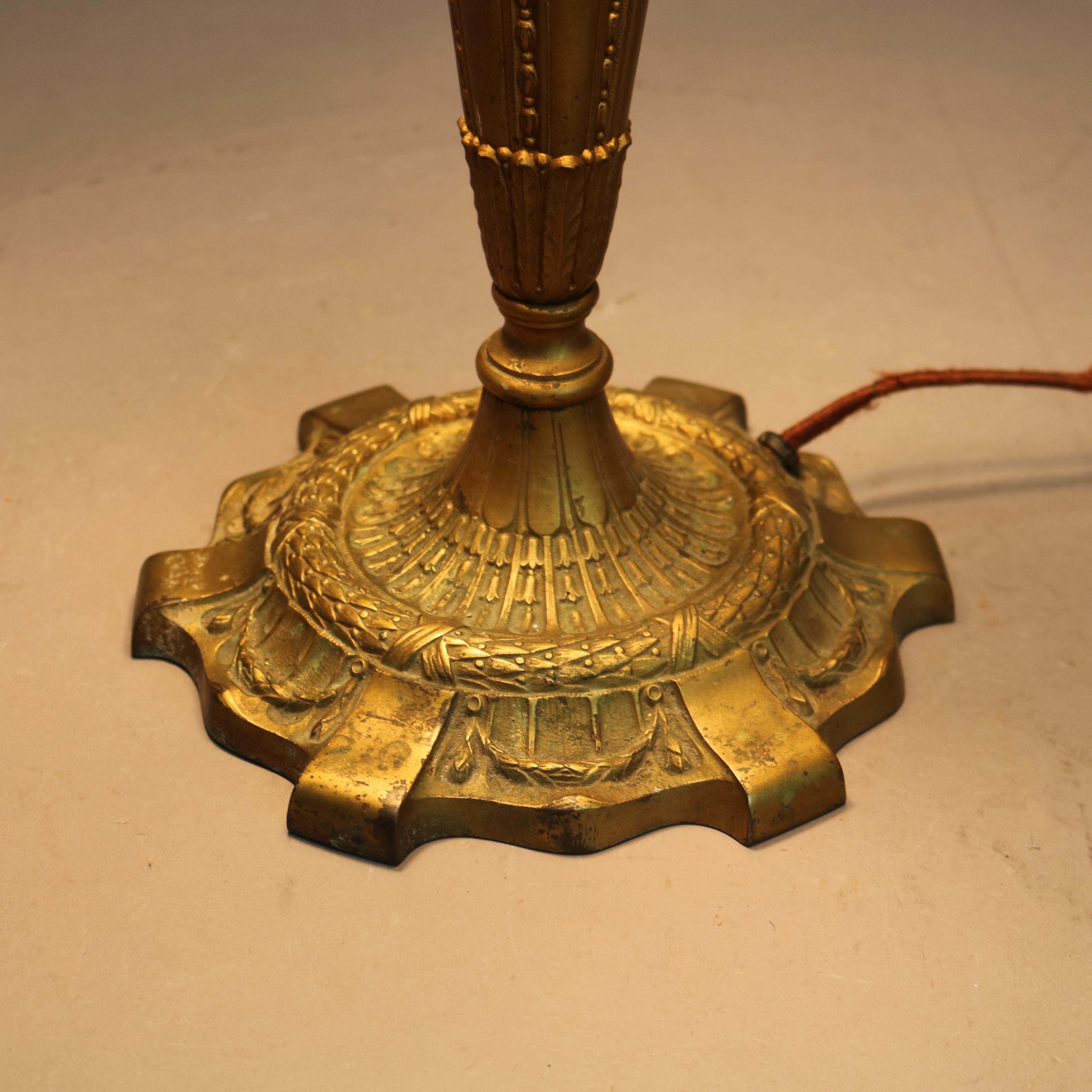 20th Century Antique Miller School Bronze & Two-Tone Slag Glass Scenic Table Lamp C1920
