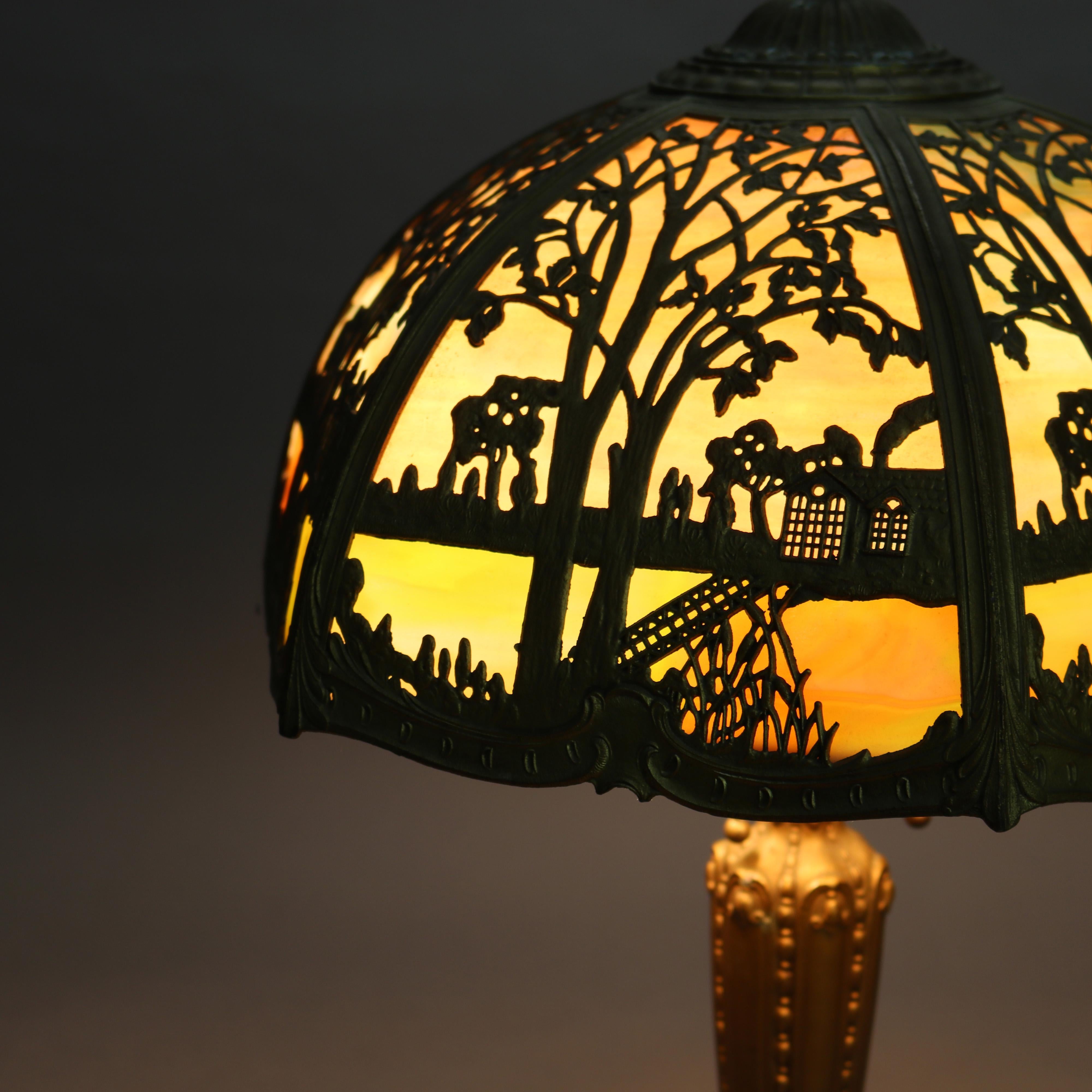 Antique Miller School Bronze & Two-Tone Slag Glass Scenic Table Lamp C1920 1