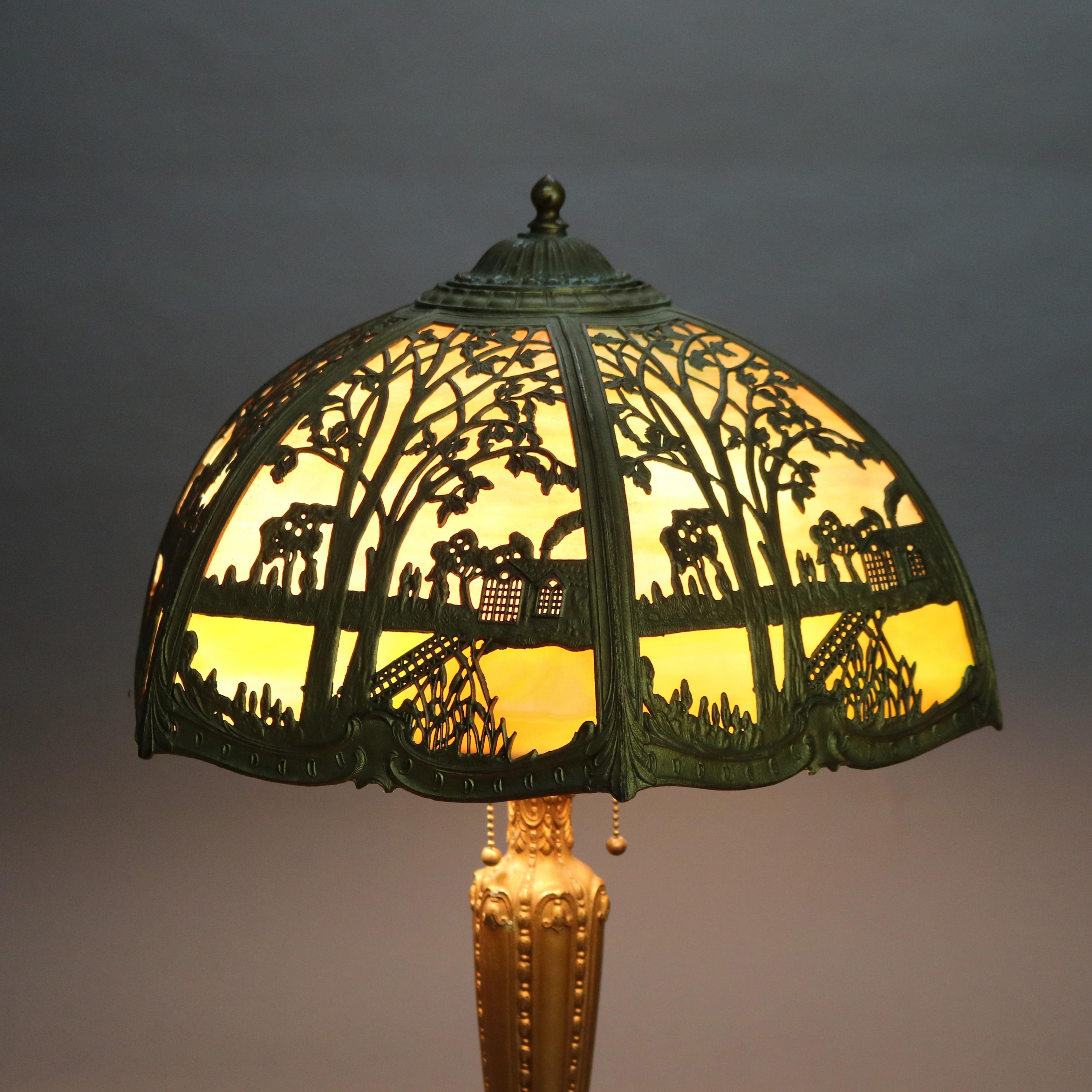 Antique Miller School Bronze & Two-Tone Slag Glass Scenic Table Lamp C1920 2