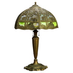 Antique Miller School Bronze & Two-Tone Slag Glass Scenic Table Lamp C1920