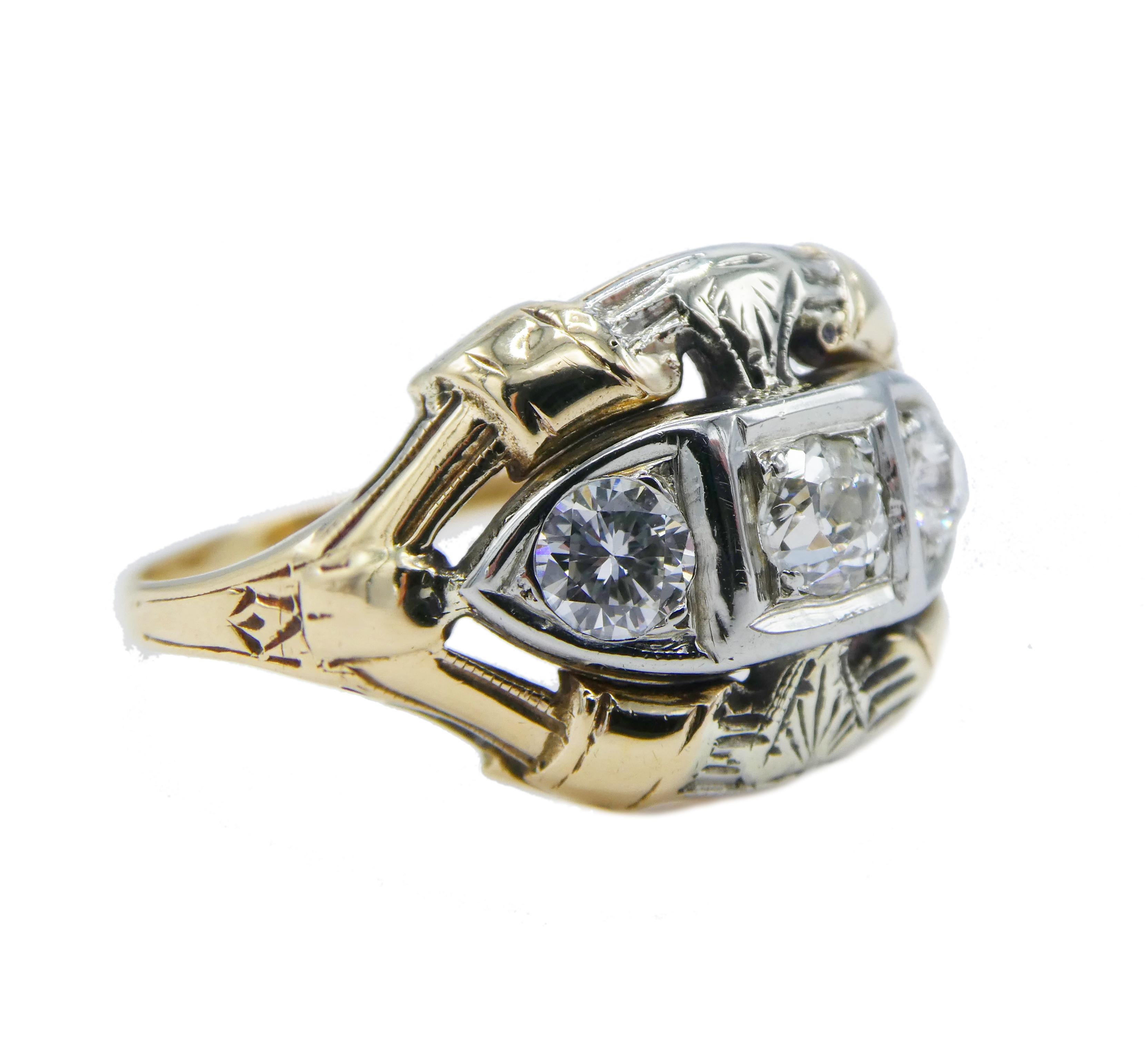 Antique Mine Cut Three Stone Diamond Ring Size 6.5 

Metal: 14k Gold Two-Tone Yellow and White
Diamonds: Old Mine Cut Round Diamonds 0.30 CTW approx G-H SI
Finger Size: 6.5 (6 1/2)
Dimensions: 11.9mm thick at top and 1.45mm at base of