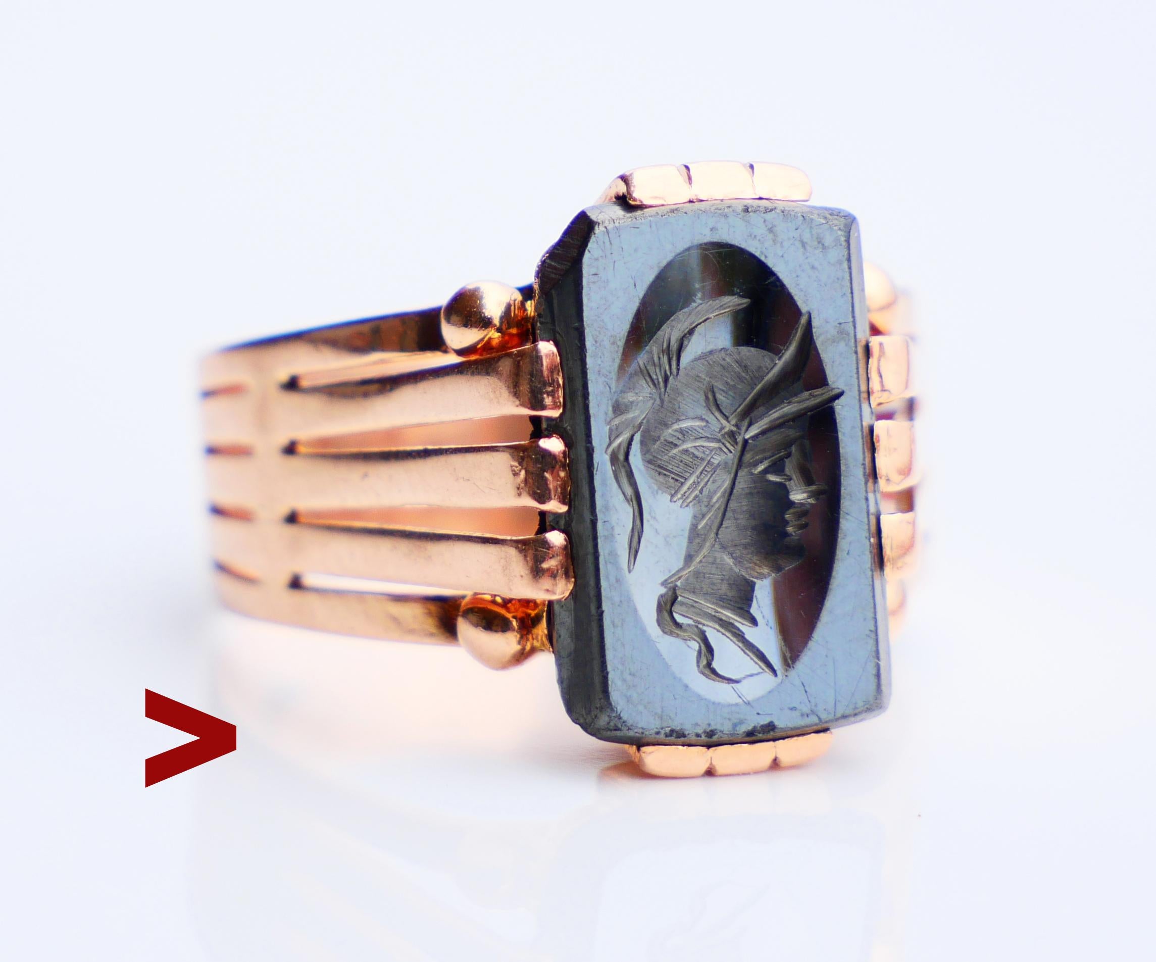 German ca. early XX cent. Signet Intaglio Ring in solid 14K Rose Gold with claw set hand-cut intaglio on natural Hematite stone depicting depicting Greek Athena (Roman Minerva ) or Anat (Canaanite ) or Neith (Egyptian) - Goddess of poetry, medicine,