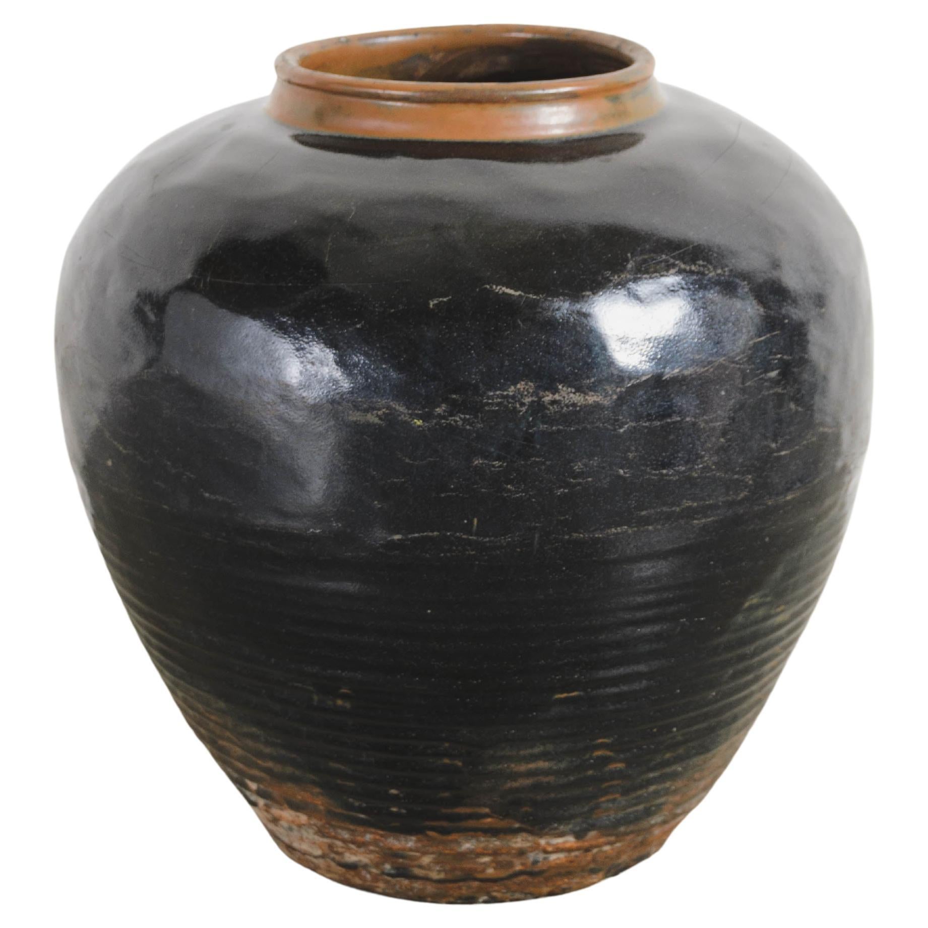 Antique Ming Dynasty, China Black Glaze Bamboo Shaven Jar with Russet Neck