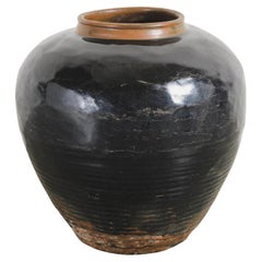 Antique Ming Dynasty, China Black Glaze Bamboo Shaven Jar with Russet Neck