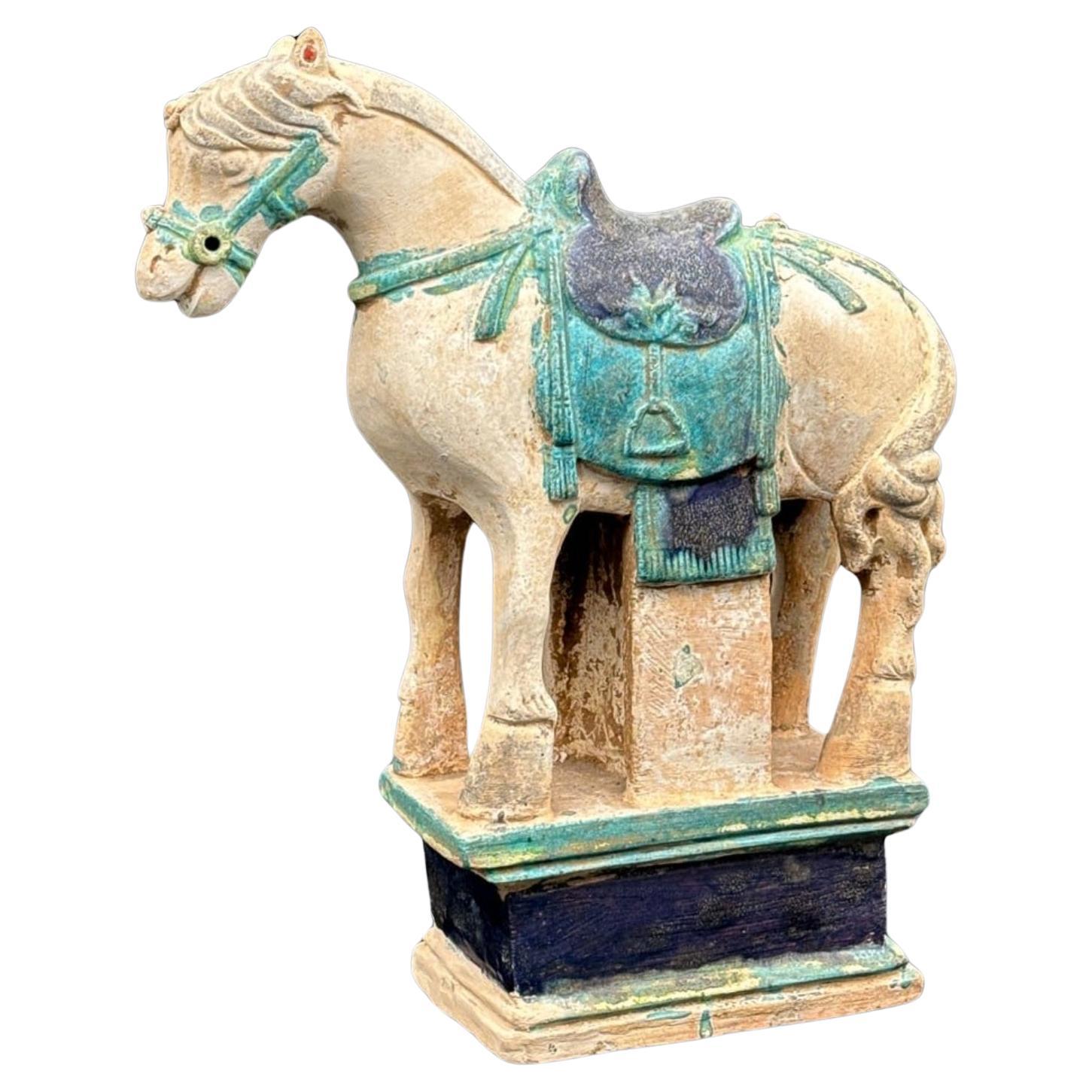 Antique Ming Dynasty Chinese Earthenware Horse Sculpture Míngqì Tomb Figure For Sale