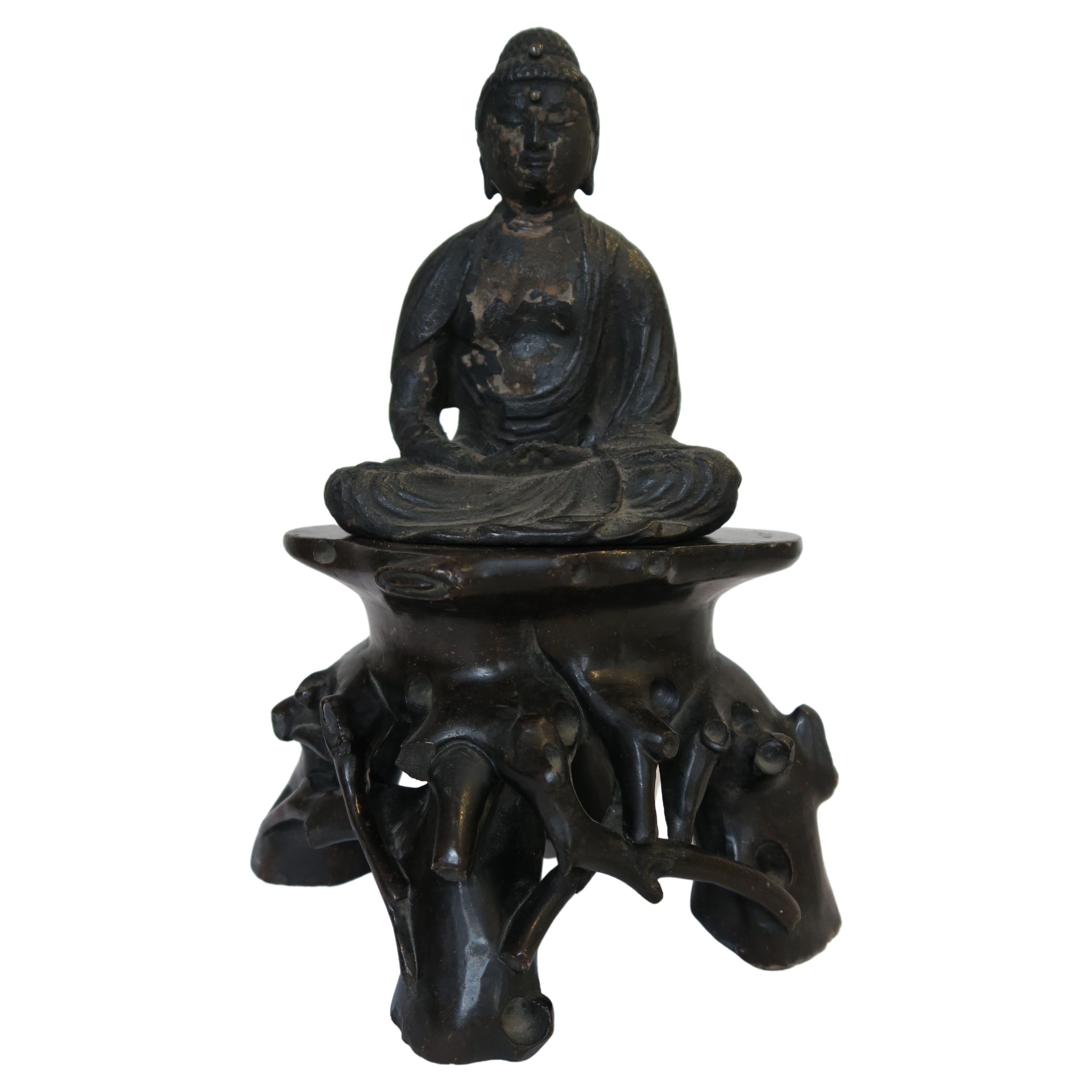 Antique Ming Dynasty Wood-Carved Buddha and Soapstone Plinth For Sale