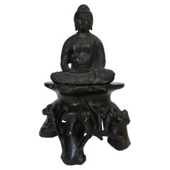 Antique Ming Dynasty Wood-Carved Buddha and Soapstone Plinth