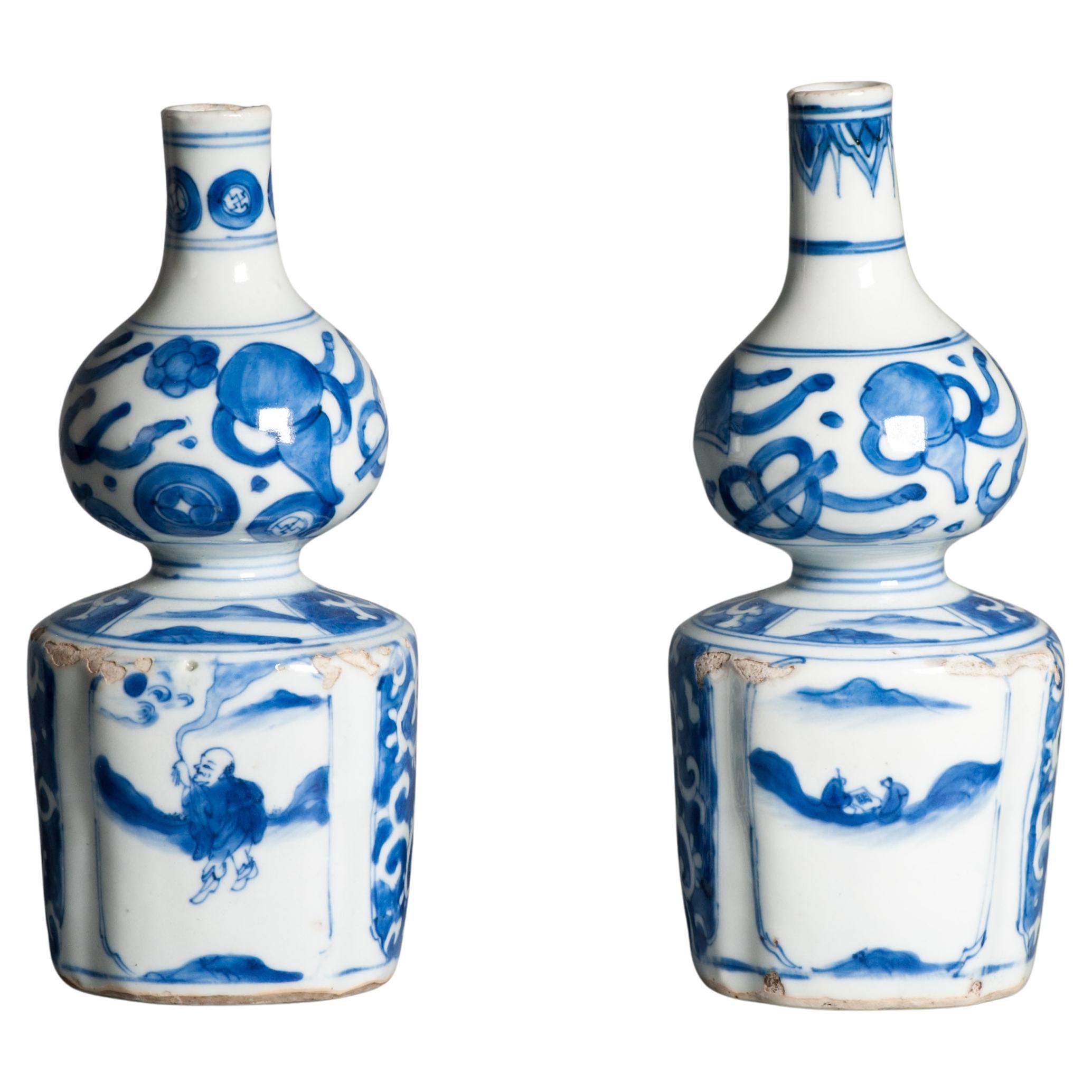 Antique Ming Period Kraak Tokkuri Sake Bottles Kosometsuke Landscape Chinese