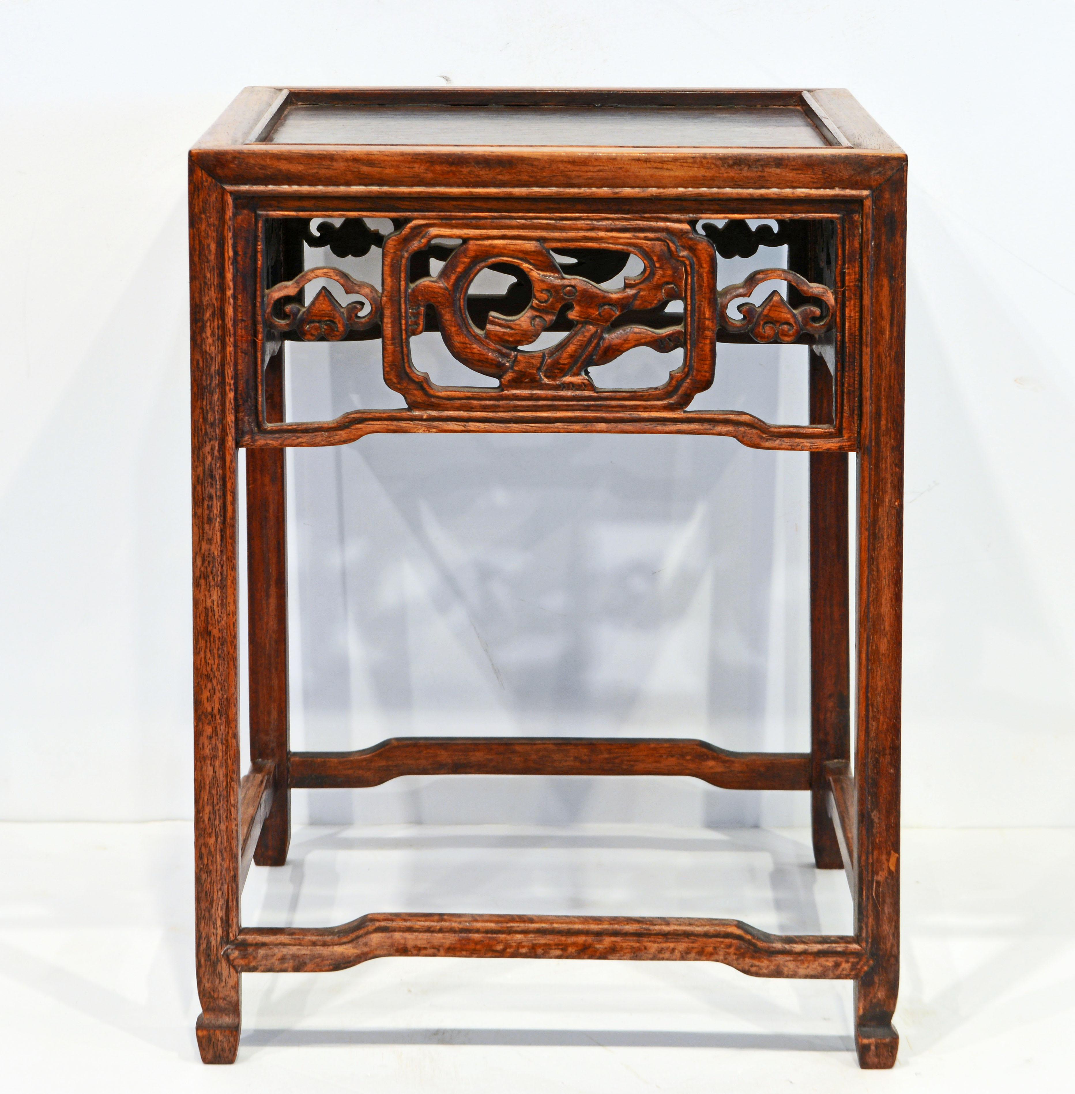 Hand-Carved Antique Ming Style Chinese Delicately Carved Huanghuali Table or Display Stand