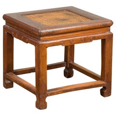 Antique Ming Style Waisted Stool with Horsehoof Legs and Rattan Inset
