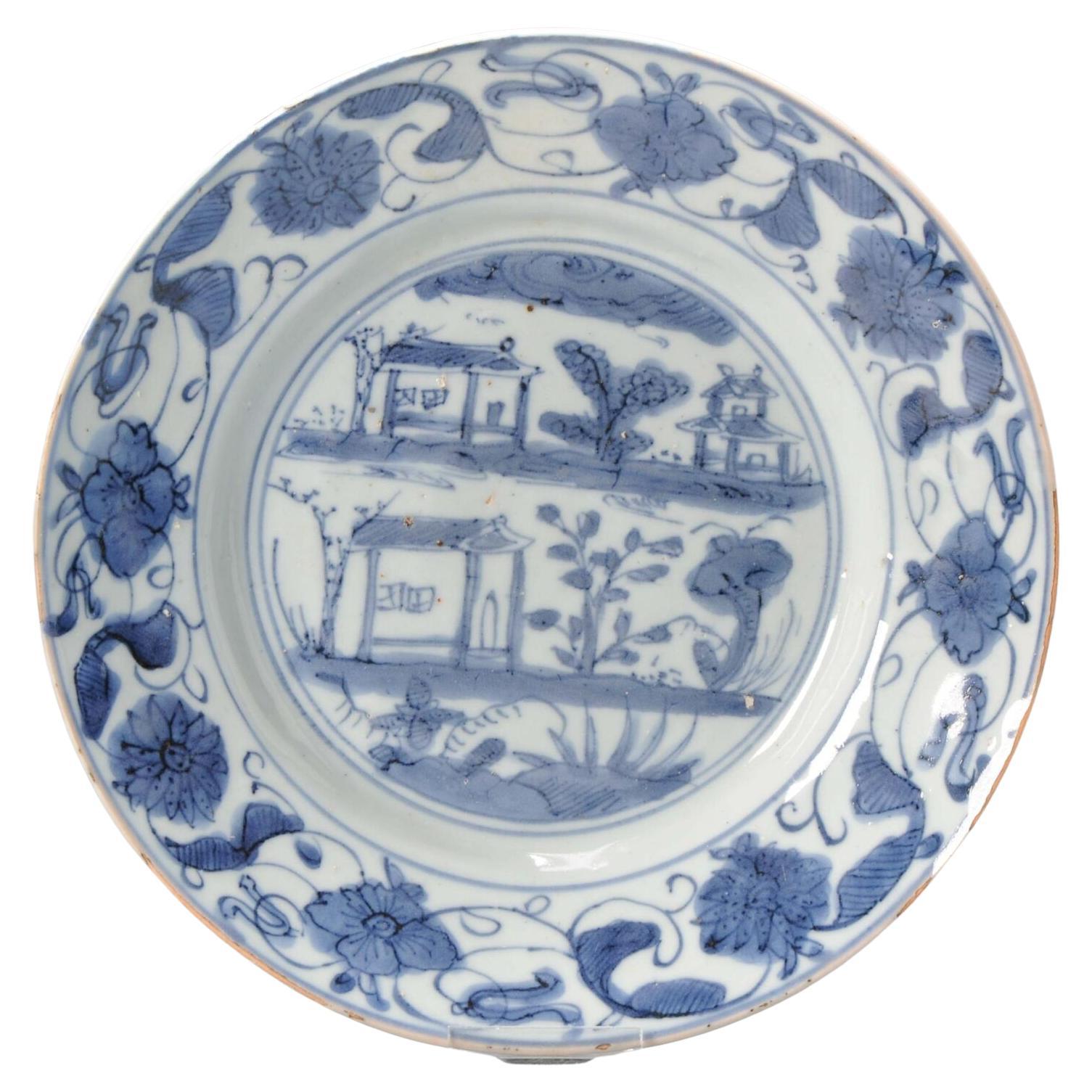 Antique Ming/Transitional Chinese Porcelain Plate, European House, Rare Piece For Sale