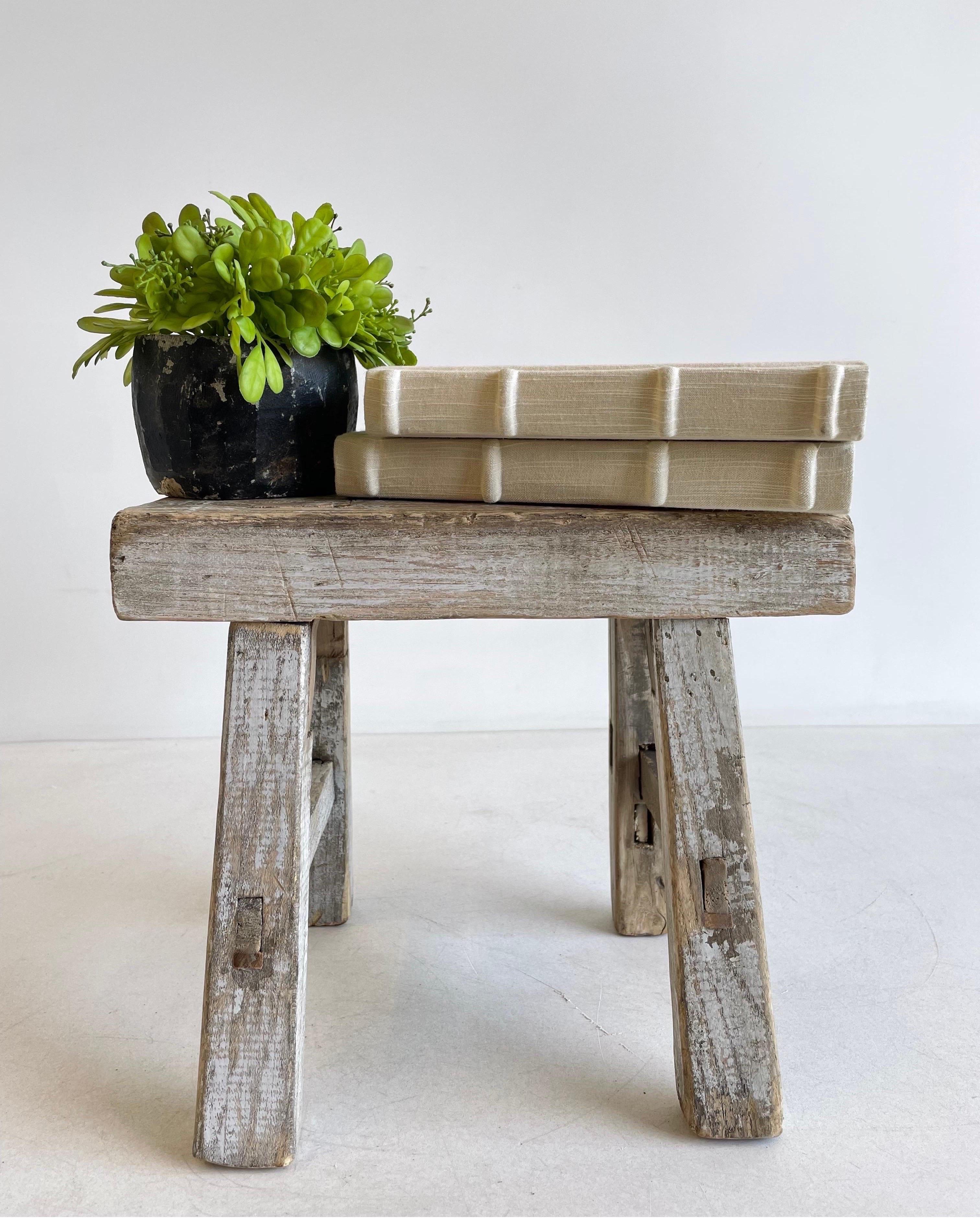 Vintage antique elm wood mini stool These are the real vintage antique elm wood mini stools! Beautiful antique patina, with weathering and age, these are solid and sturdy ready for daily use, use as a table, stool, drink table, they are great for