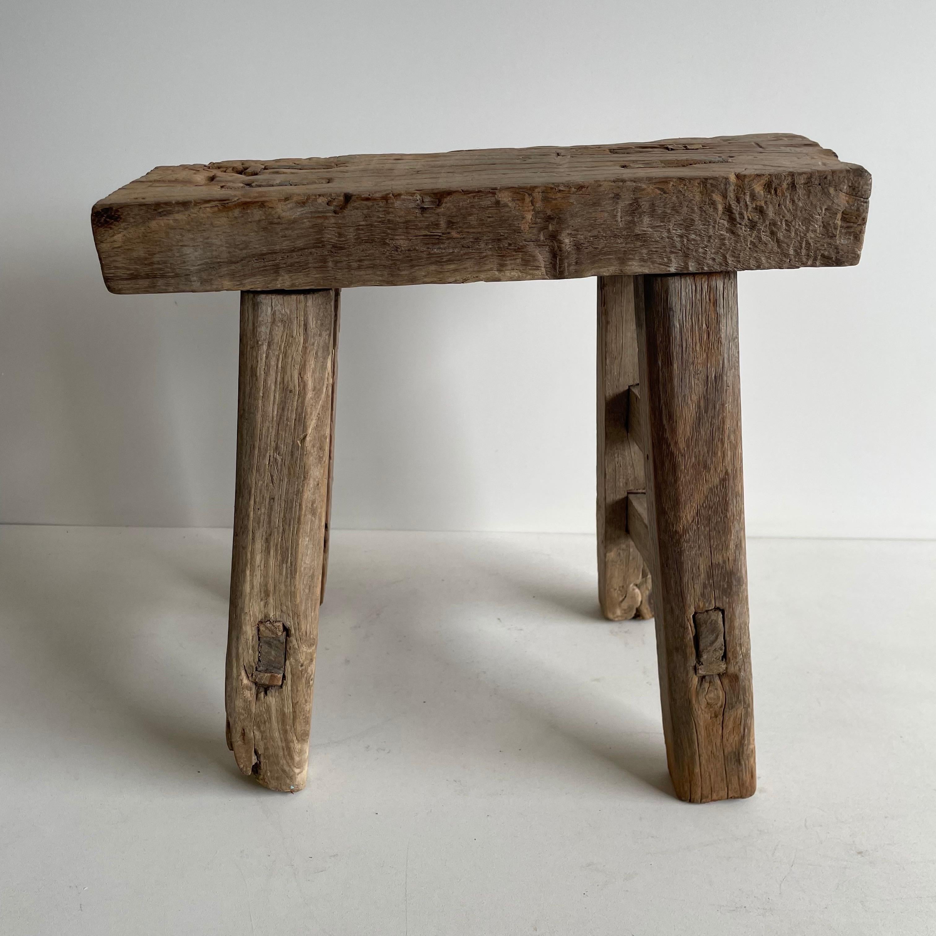 Antique Mini Elm Wood Stool In Good Condition For Sale In Brea, CA