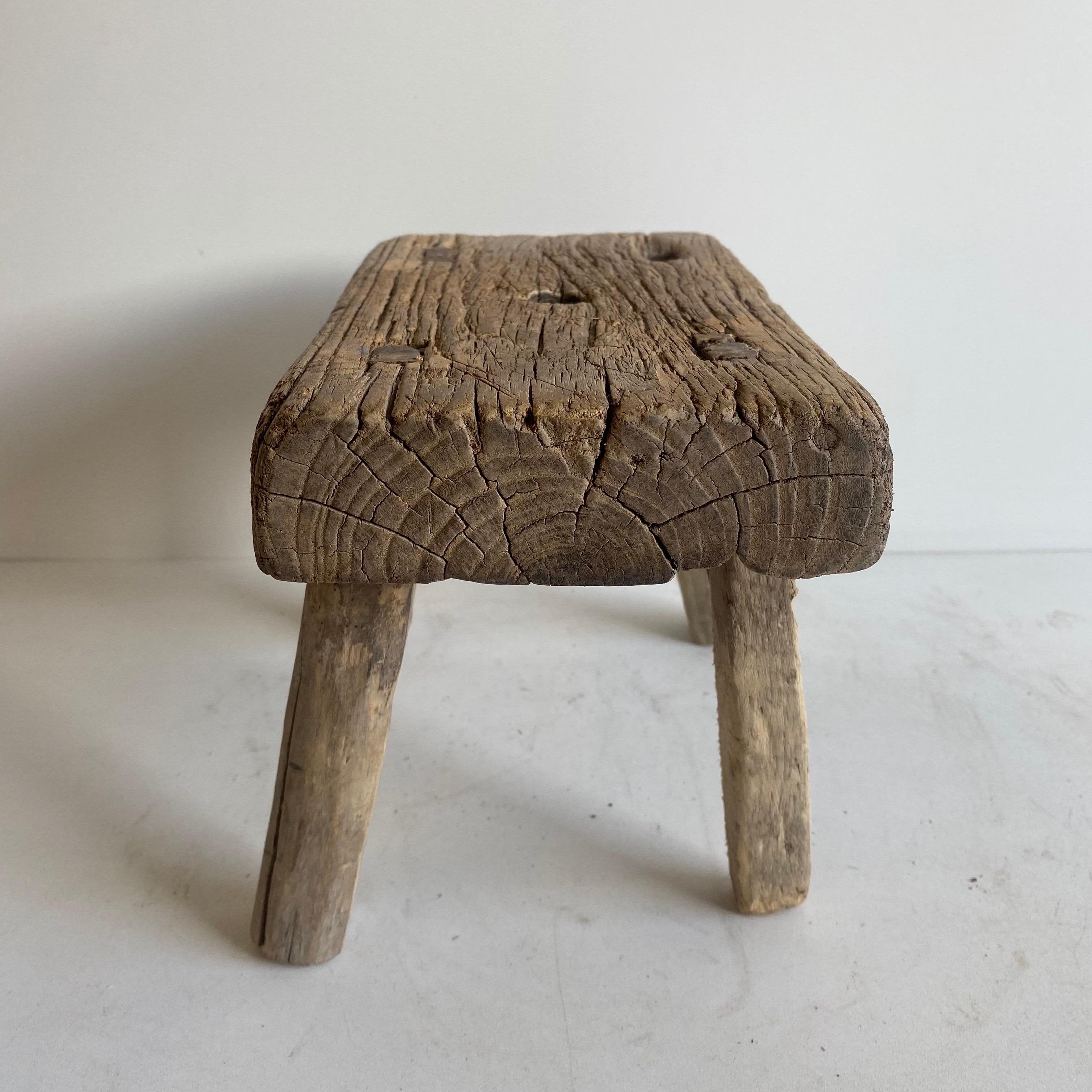 Antique Mini Elm Wood Stool In Good Condition In Brea, CA