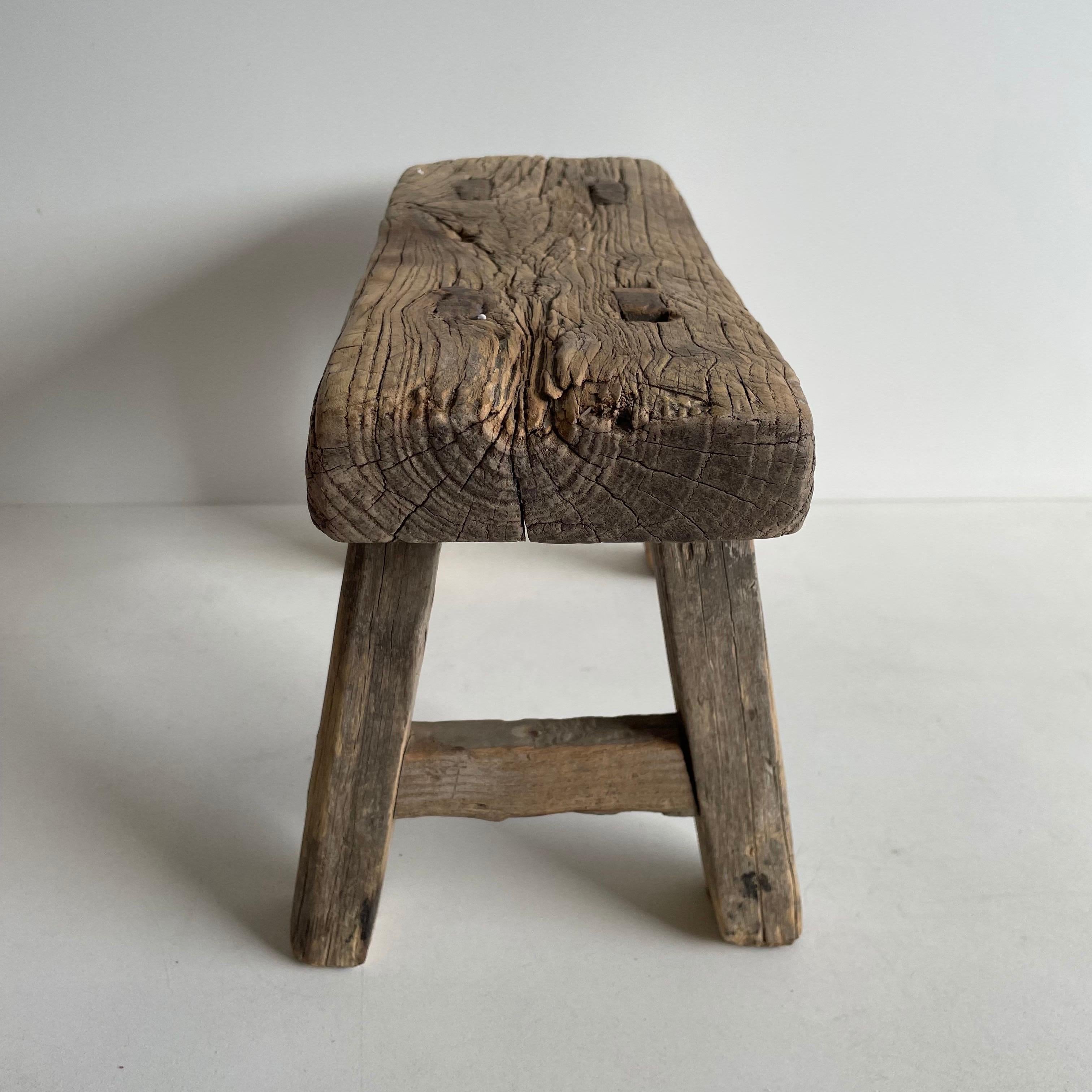 Antique Mini Elm Wood Stool In Good Condition For Sale In Brea, CA