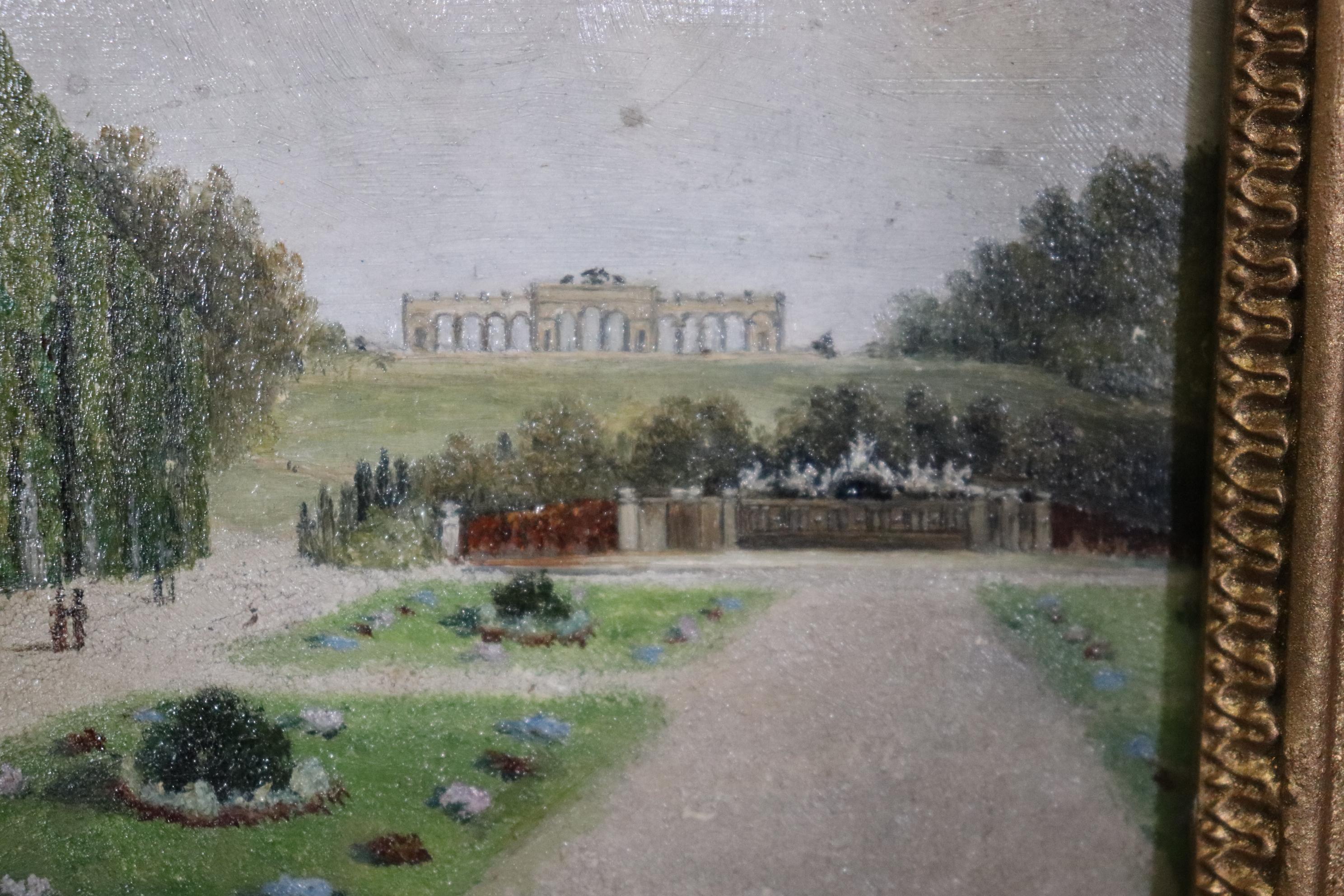 Pintura al óleo sobre tabla de un paisaje de estilo gran turismo neoclásico mini antiguo siglo XX en venta