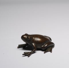 Antique Mini Okimono Bronze Japanese Statue of a Frog Meiji Japan Marked