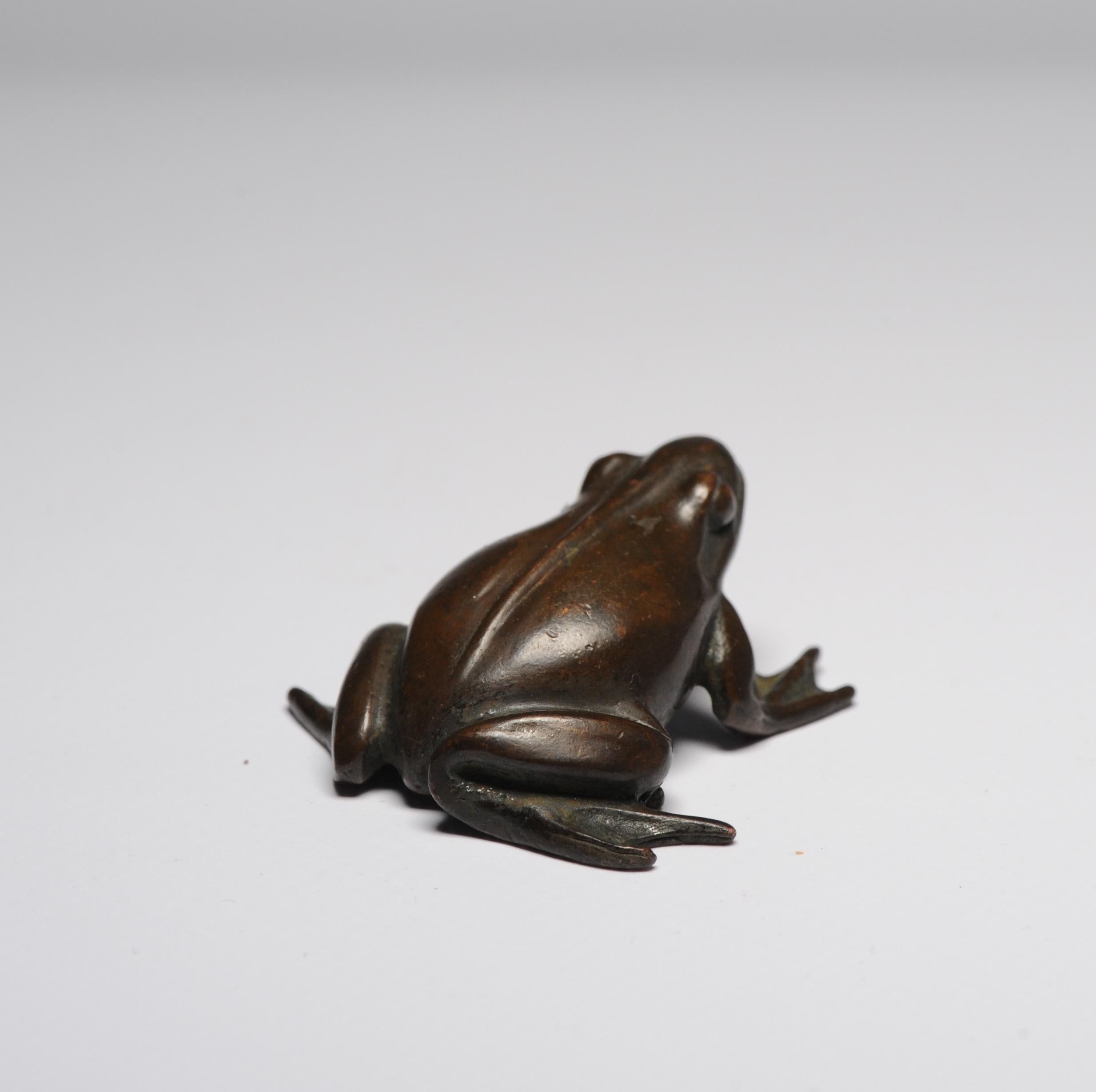 19th Century Antique Mini Okimono Bronze Japanese Statue of a Frog Meiji Japan Marked
