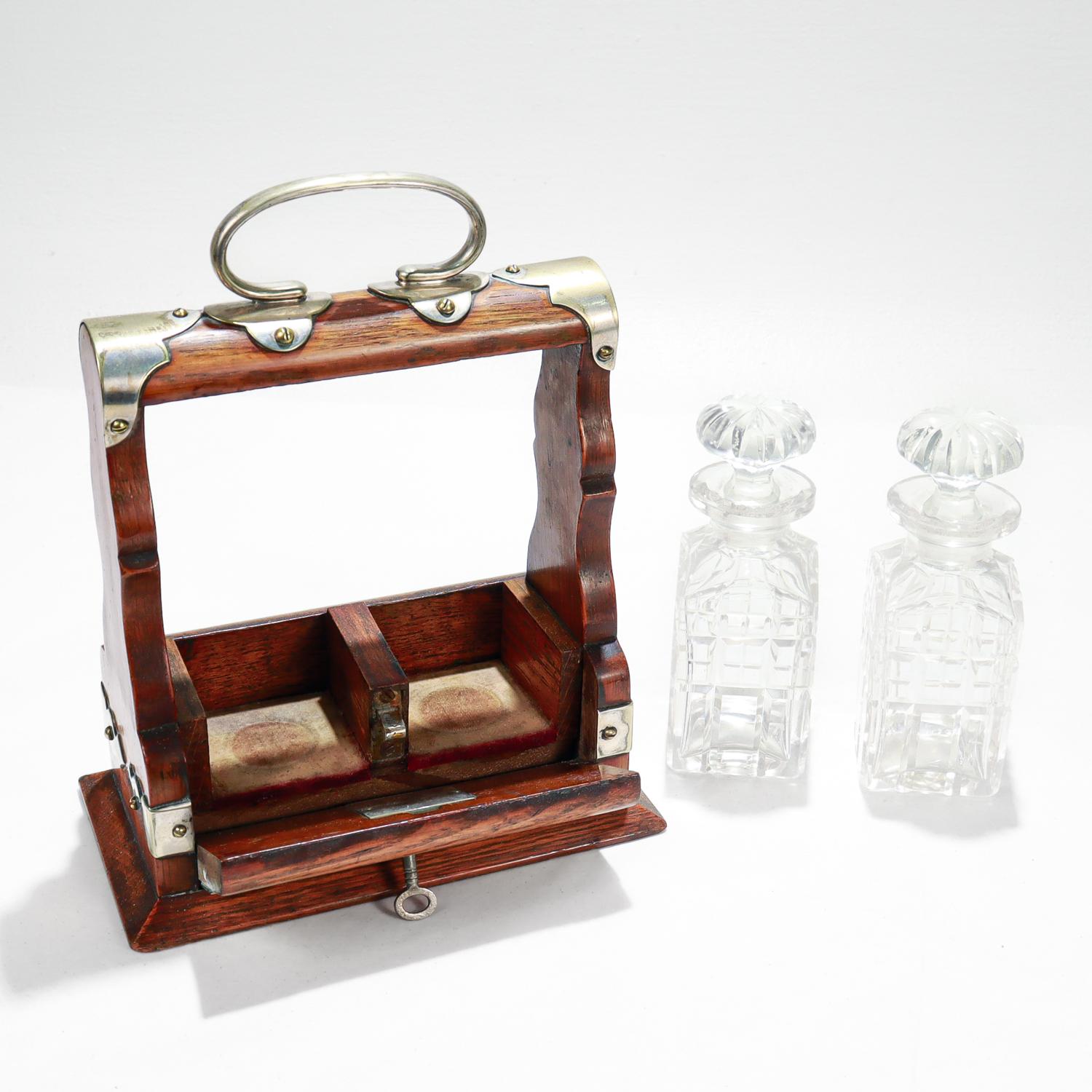 Antique Miniature 19th C. Travel or Perfume Decanter Tantalus in Oak & Cut Glass For Sale 5