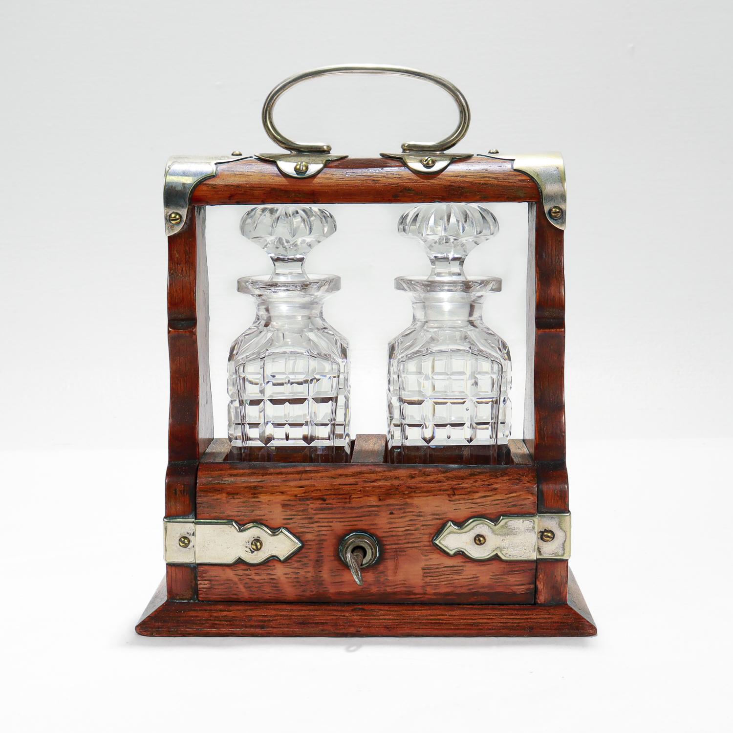 Victorian Antique Miniature 19th C. Travel or Perfume Decanter Tantalus in Oak & Cut Glass For Sale