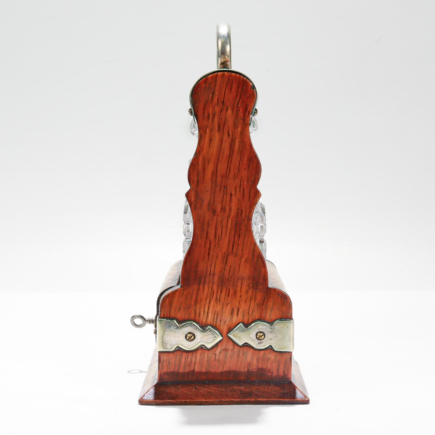 Antique Miniature 19th C. Travel or Perfume Decanter Tantalus in Oak & Cut Glass In Good Condition For Sale In Philadelphia, PA