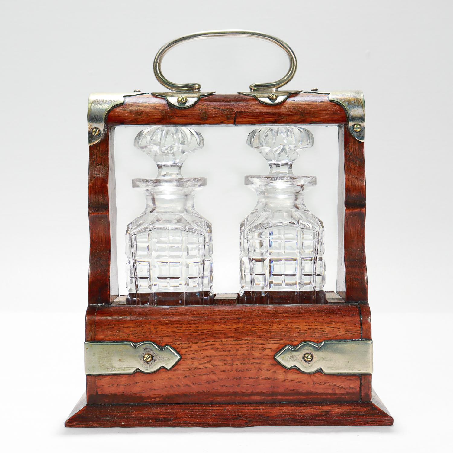 20th Century Antique Miniature 19th C. Travel or Perfume Decanter Tantalus in Oak & Cut Glass For Sale