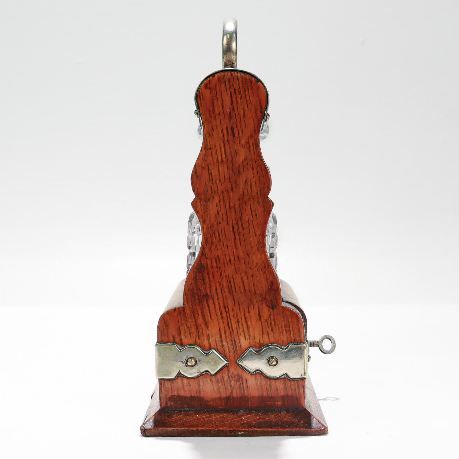Silver Plate Antique Miniature 19th C. Travel or Perfume Decanter Tantalus in Oak & Cut Glass For Sale
