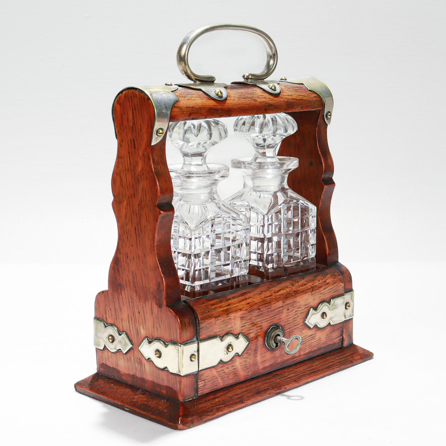 Antique Miniature 19th C. Travel or Perfume Decanter Tantalus in Oak & Cut Glass For Sale 1