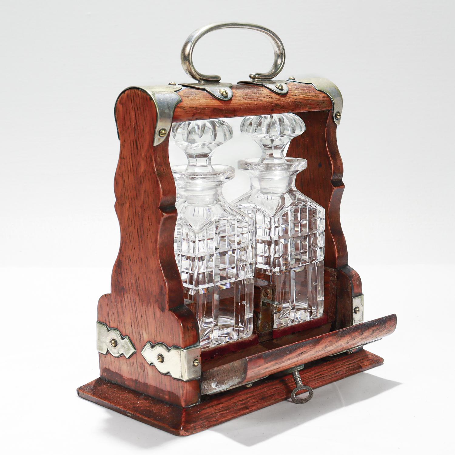 Antique Miniature 19th C. Travel or Perfume Decanter Tantalus in Oak & Cut Glass For Sale 2