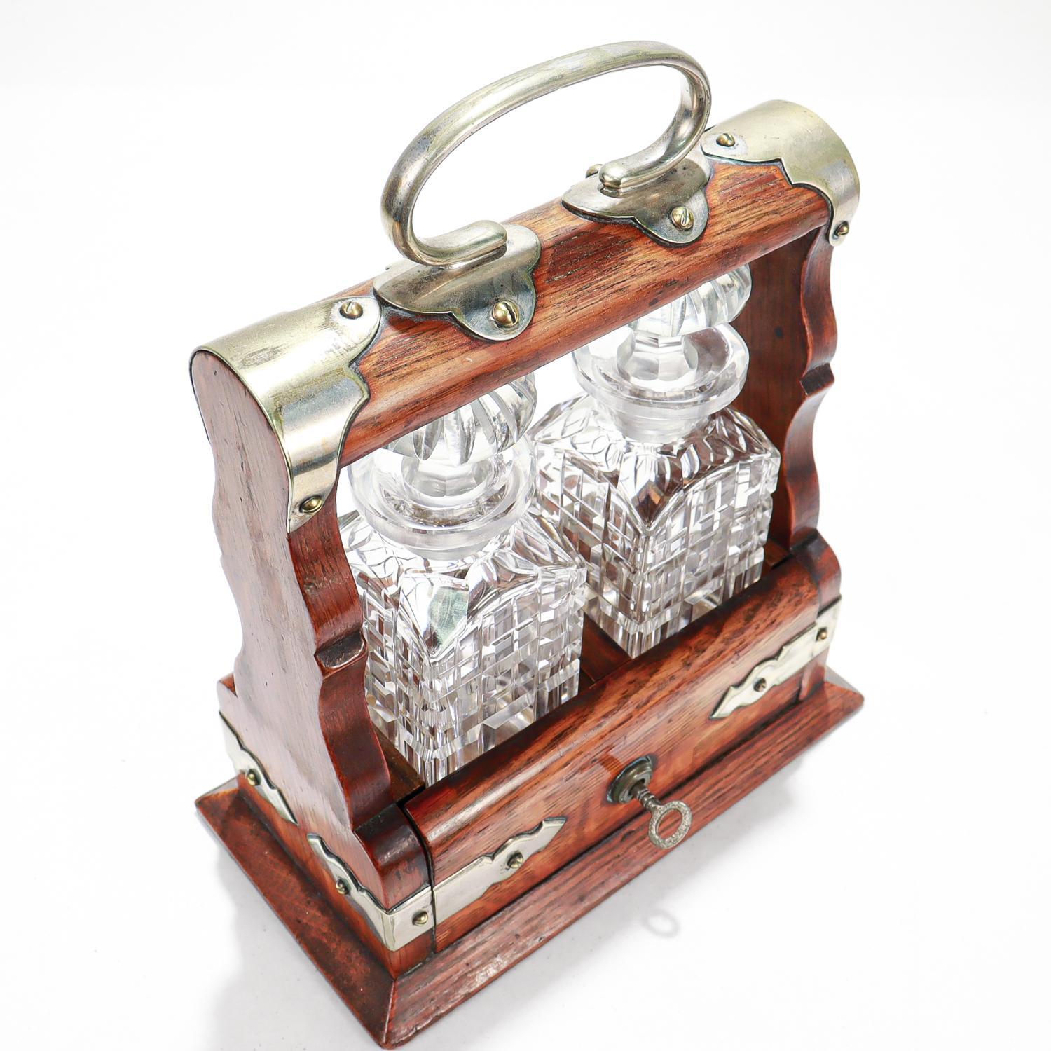 Antique Miniature 19th C. Travel or Perfume Decanter Tantalus in Oak & Cut Glass For Sale 3