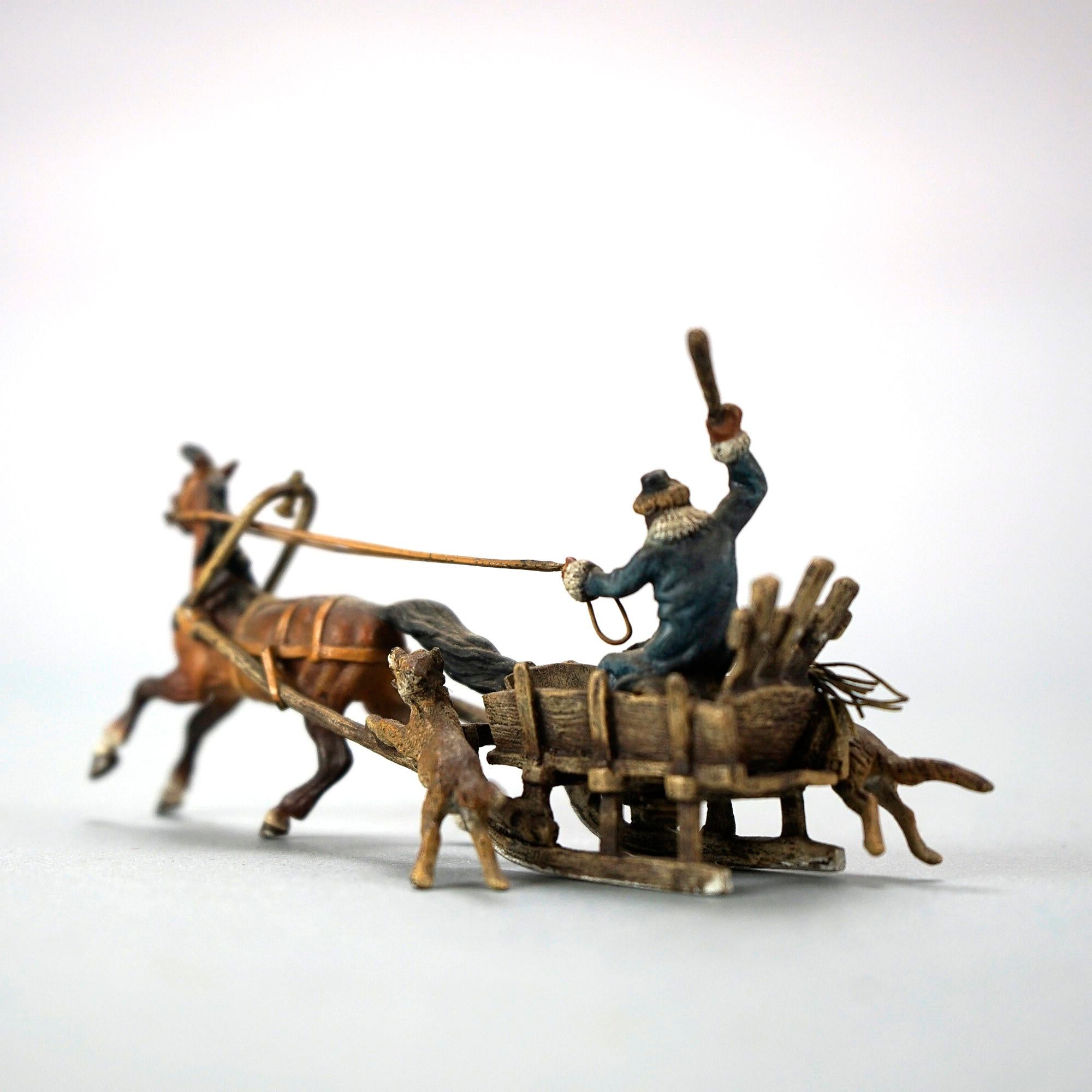 Antique Miniature Austrian Franz Bergman Cold Painted Bronze Horse-Drawn Sled In Good Condition In Big Flats, NY