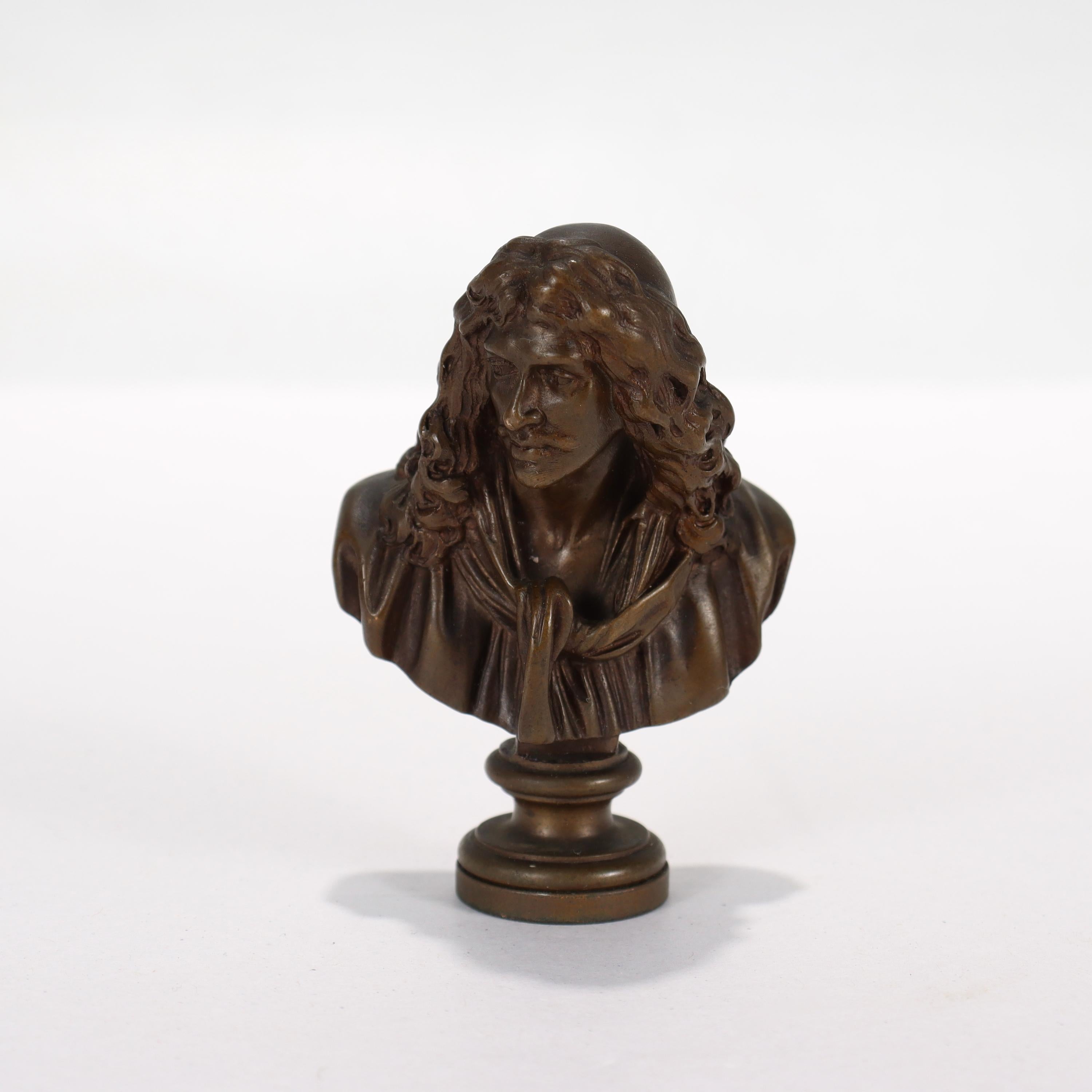 Belle Époque Antique Miniature Barbedienne Bronze Bust of Molière After Houdon For Sale