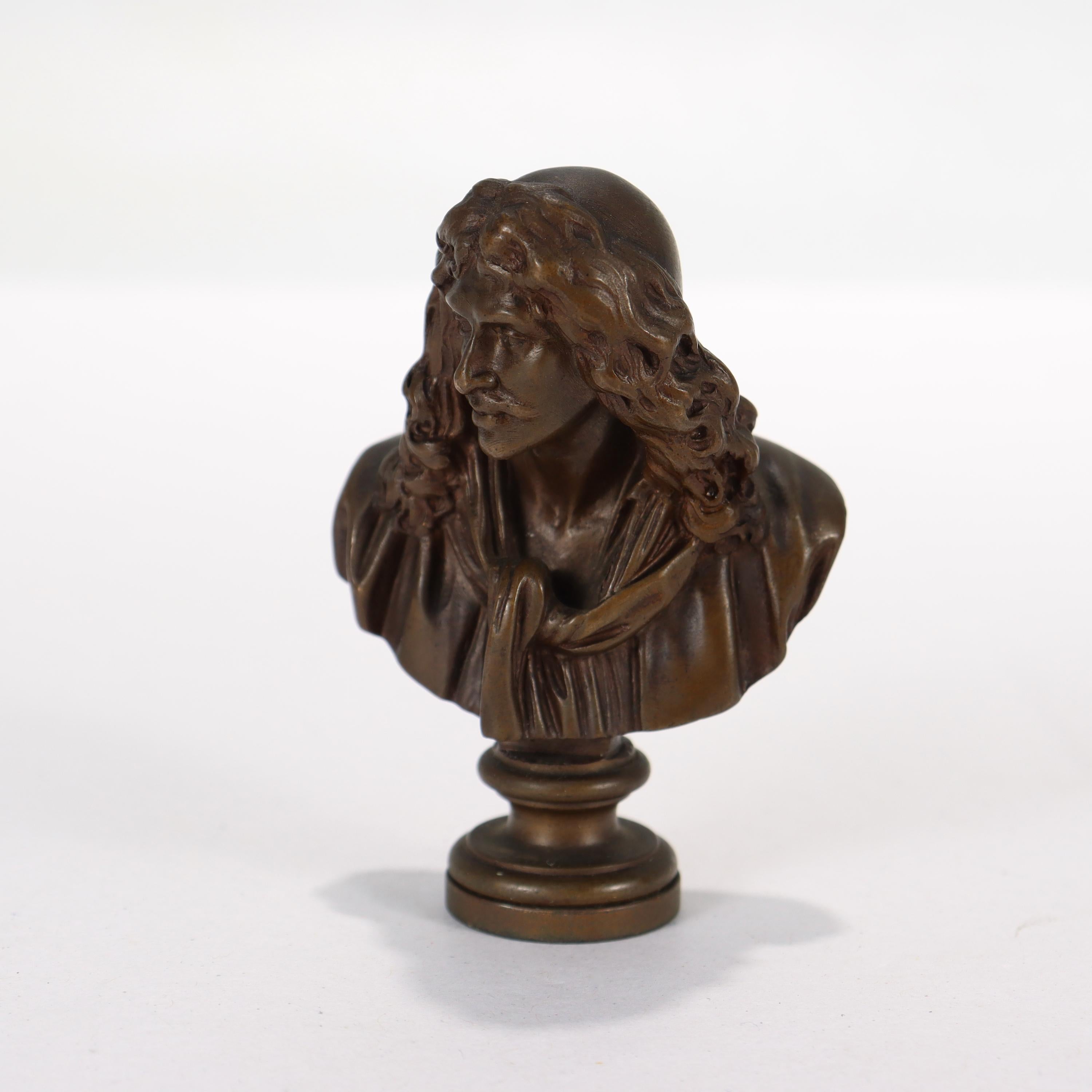 French Antique Miniature Barbedienne Bronze Bust of Molière After Houdon For Sale