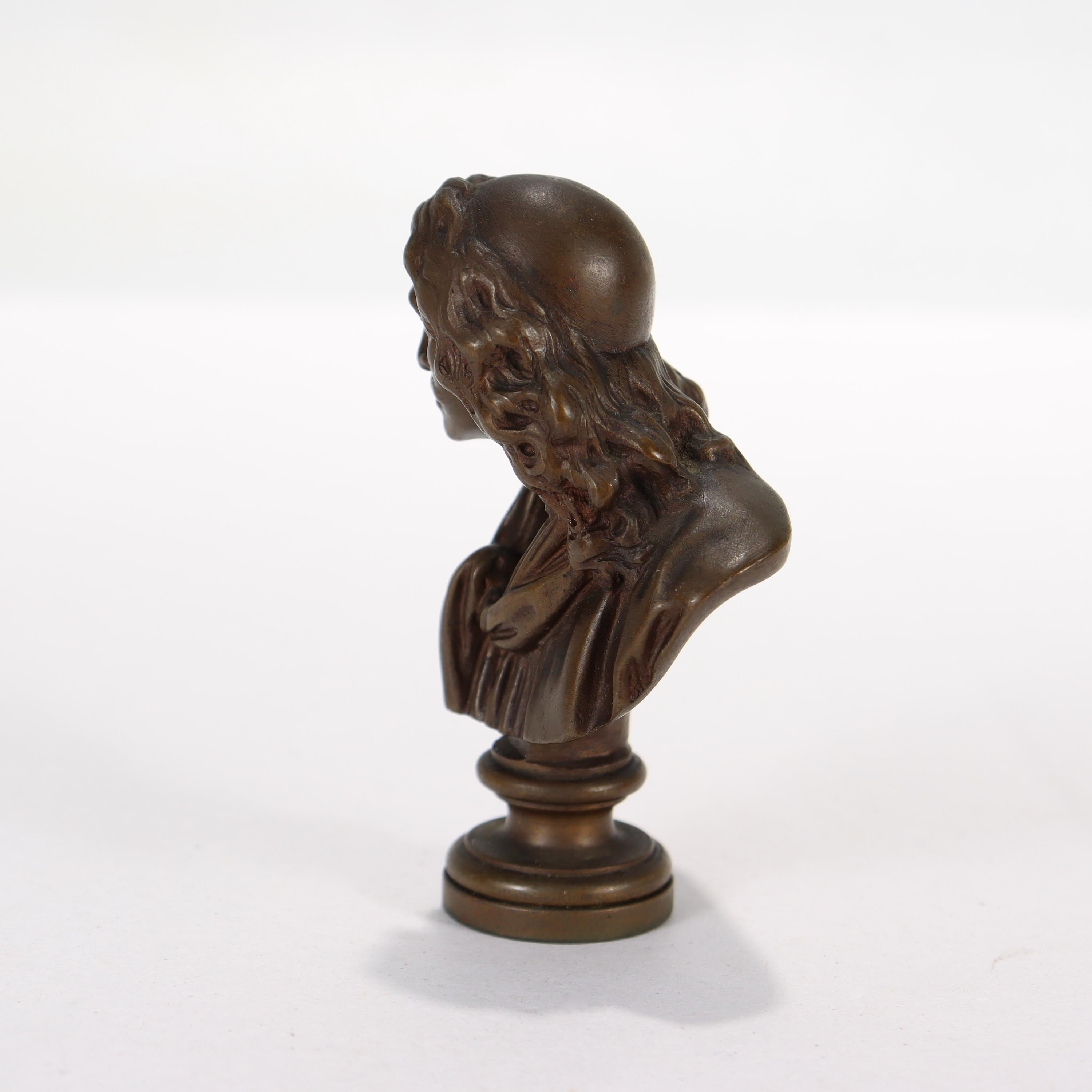 Antique Miniature Barbedienne Bronze Bust of Molière After Houdon In Good Condition For Sale In Philadelphia, PA
