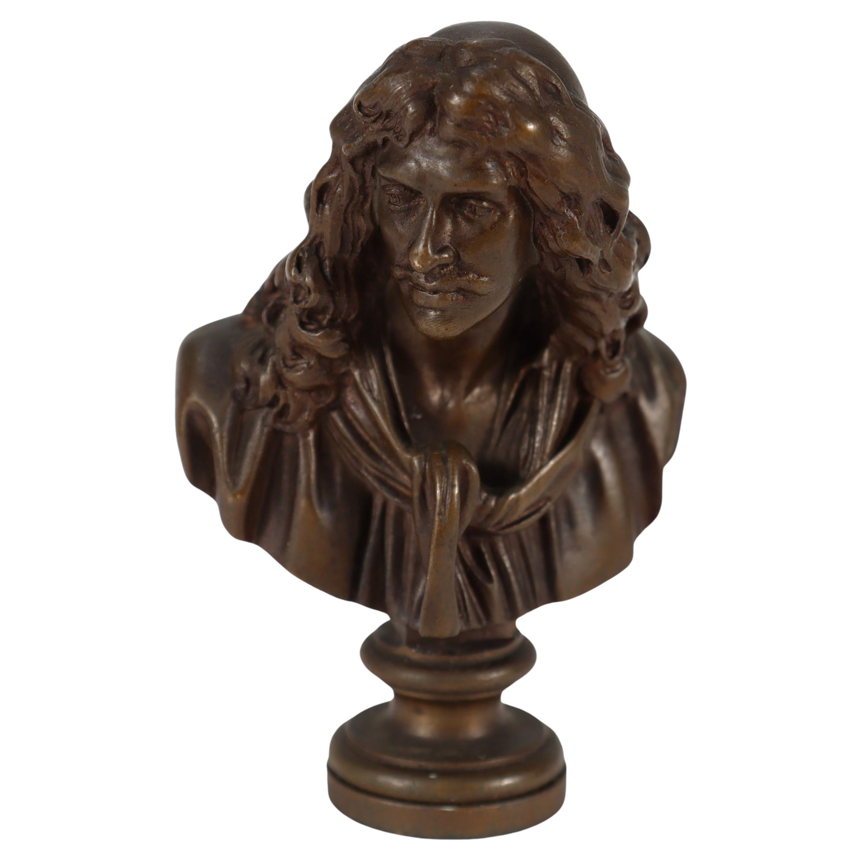Antique Miniature Barbedienne Buste en bronze de Molière d'après Houdon