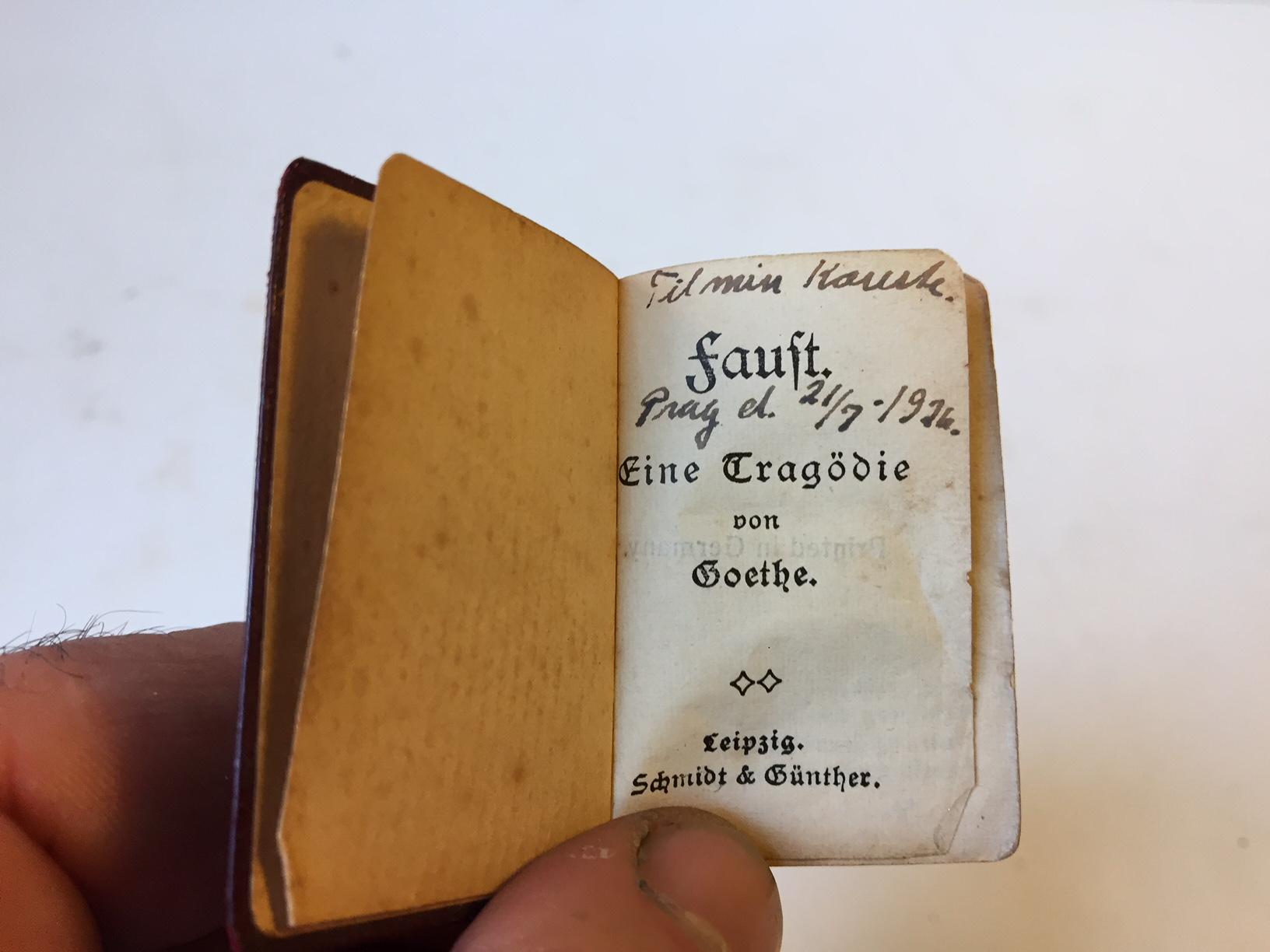 Faust volume 1 & 2 by Johann Wolgang Goethe. Printed in these miniature version by Schmidt & Günther in Leipzig, Germany in 1907. The share the same distinct qualities as regular classics; leather binding and gilded edges to the pages. The set was