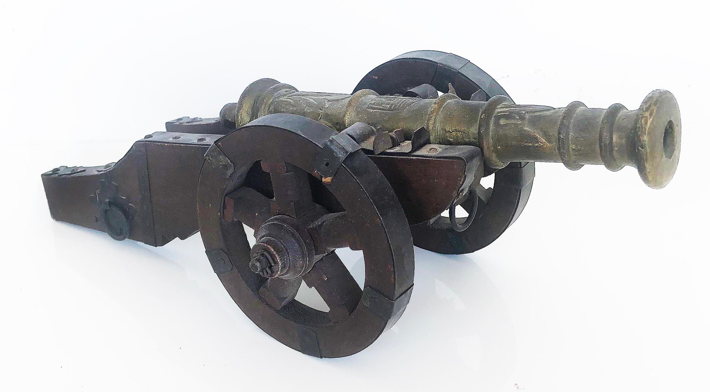 American Antique Miniature Bronze Cannon on Cariage with Wood & Metal